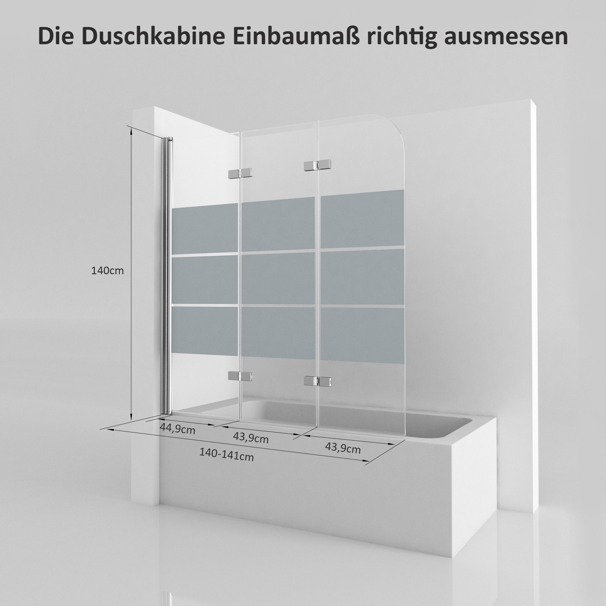 Boromal Badewannenfaltwand Badewannenaufsatz 140 x 140cm 3 teilig 180° faltbar Milchglas Klarglas, 5mm Sicherheitsglas, Rechts-und Links montierbar, Hebe- / Senkfunktion
