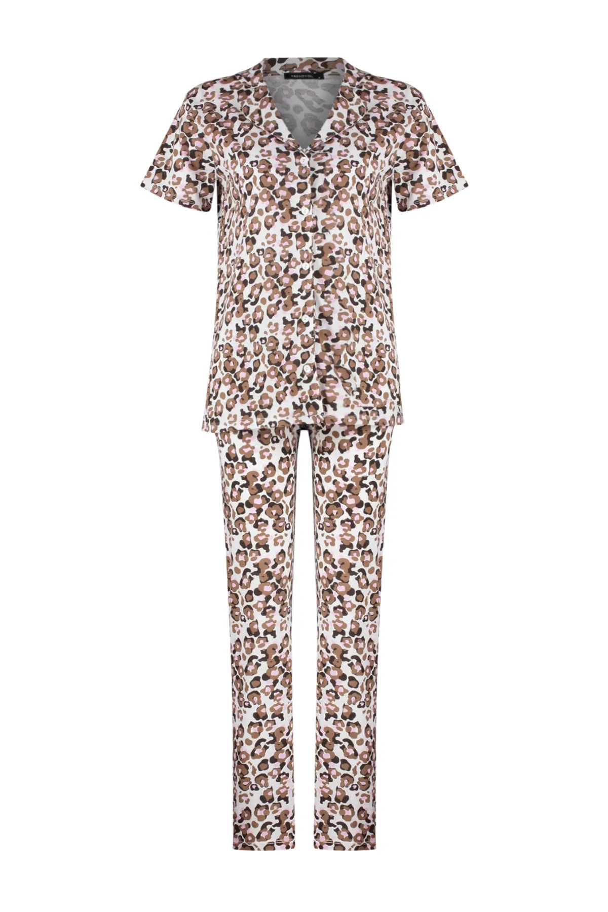 Trendyol Collection  Mehrfarbiges Pyjama-Set aus Baumwollstrick mit Leopardenmuster THMSS24PT00339