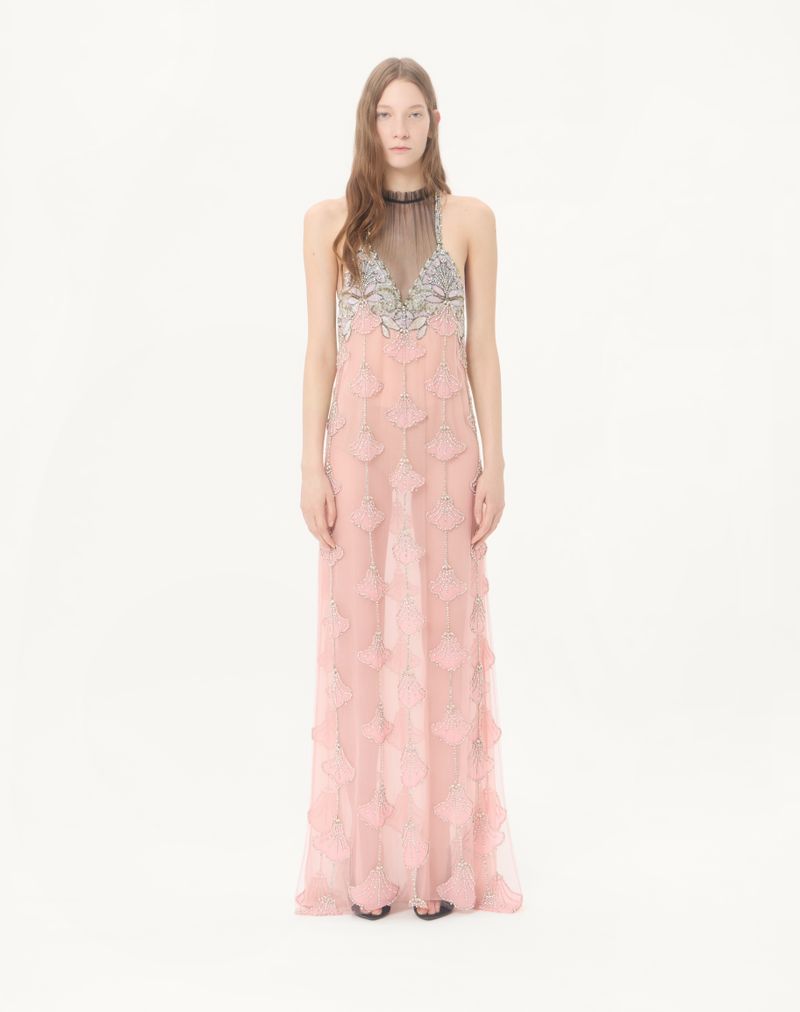 Vestido longo de tule com bordado ilusão