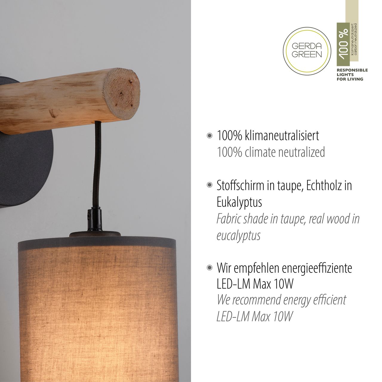 JUST LIGHT Wandleuchte GREEN TRIBU, 1x E27/10,00Watt max., Eukalyptusholz, Taupe