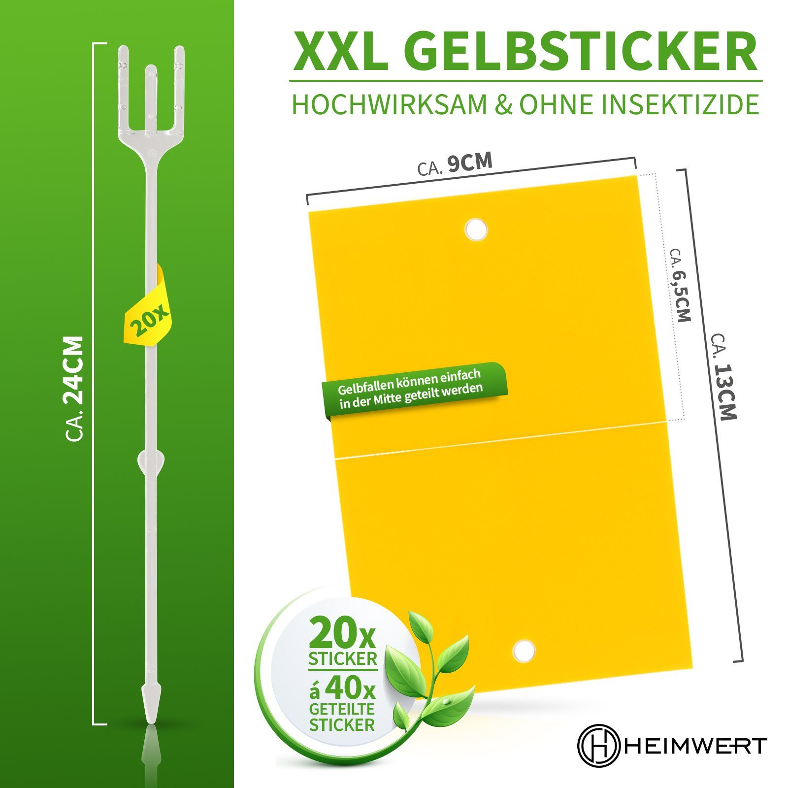 HEIMWERT Klebefalle Gelbsticker Gelbtafeln XXL, 6 Monate Langzeit teilbar mit 20 XXL Erdspießen und 20 Bindedrähten