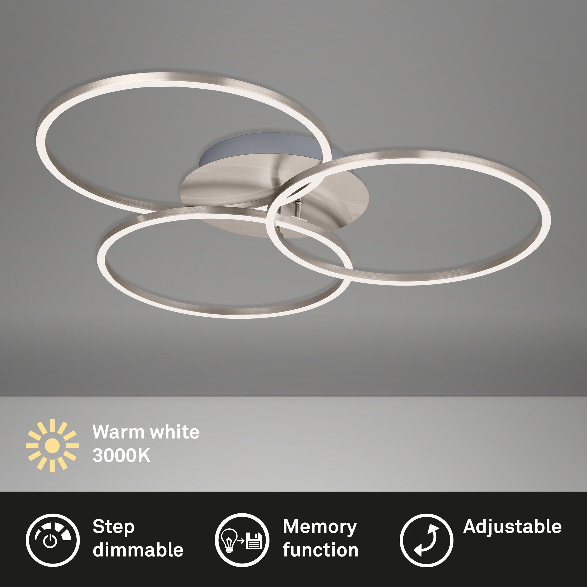 Briloner Leuchten LED Deckenleuchte 3090-012, dimmbar, schwenkbar, Speicherfunktion, LED fest verbaut, Warmweiß, Deckenlampe, 71,7x67,4x10,3cm, Matt-Nickel, 40W, Wohnzimmer, Flur