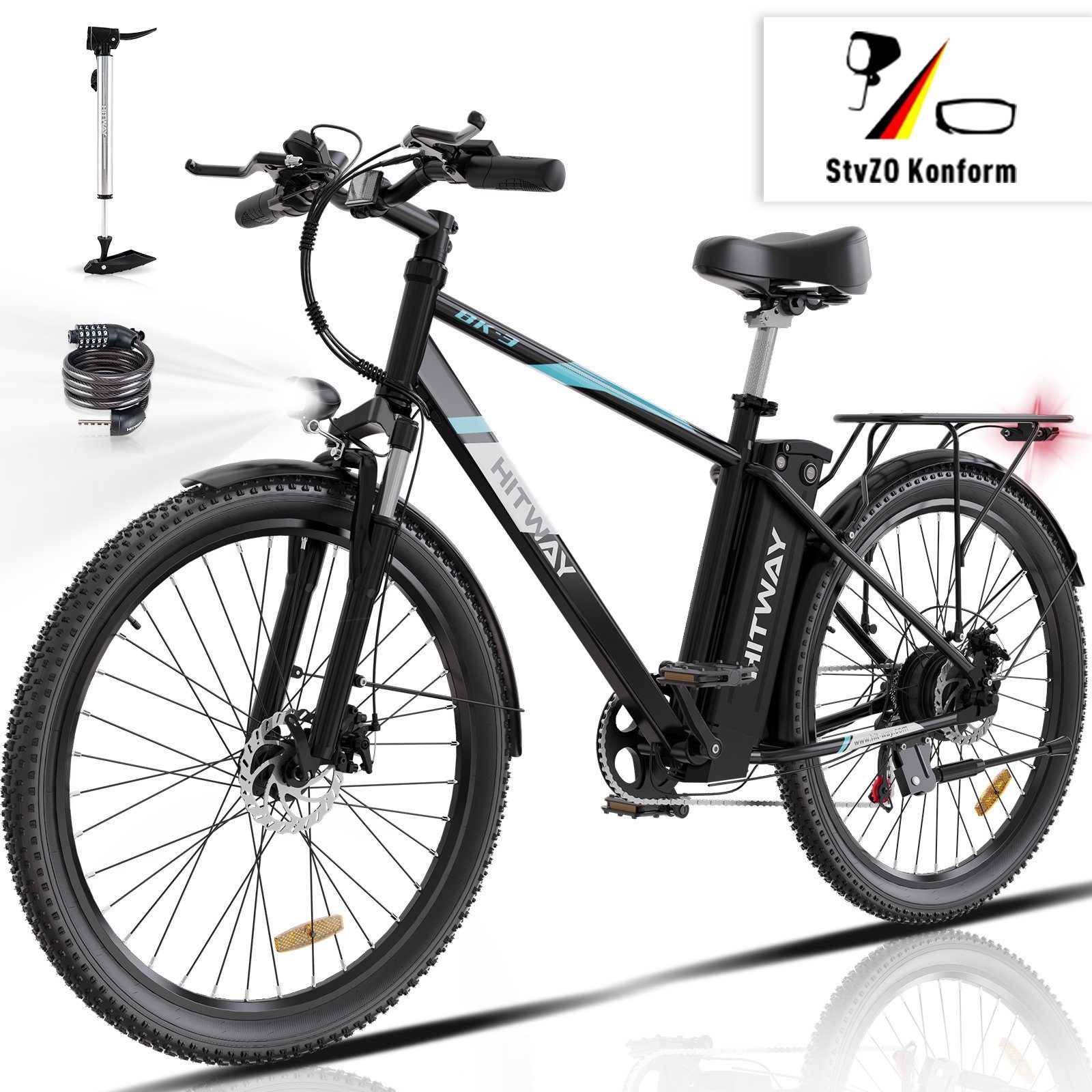 HITWAY E-Bike 26 Zoll Elektrofahrrad Heckmotor, 36V, 14AH 250W, 7 Gang, 7 Gang SHIMANO, Kettenschaltung, Heckmotor, Elektrofahrrad für Damen und Herren 170 - 190 cm, innerhalb der StVZO