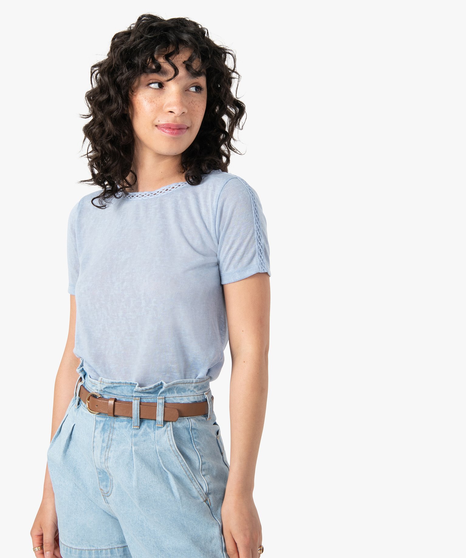 Tee-shirt femme à manches courtes en maille fine bleu | GEMO