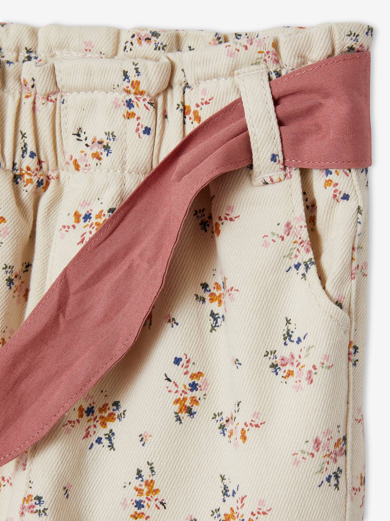 Vertbaudet Baby Hose mit Gürtel, Paperbag-Look - hellbeige bedruckt