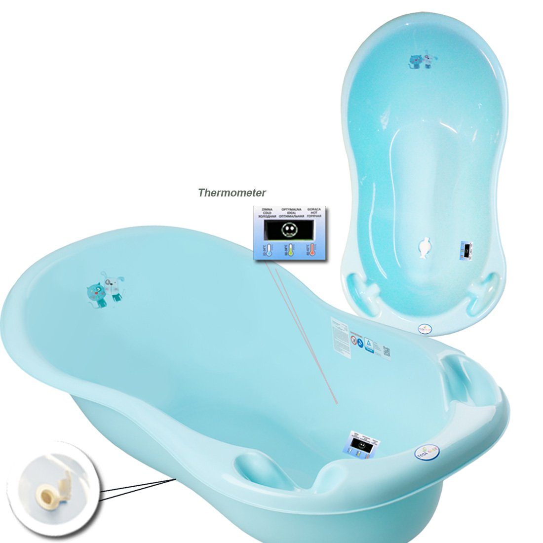 Tega-Baby Babybadewanne 2-Teile Set -CAT & DOG Babywanne mit THERMOMETER Babybadeset Pflege, (Made in Europe Spar Set), ** Babywanne(Thermometer) + Badesitz **