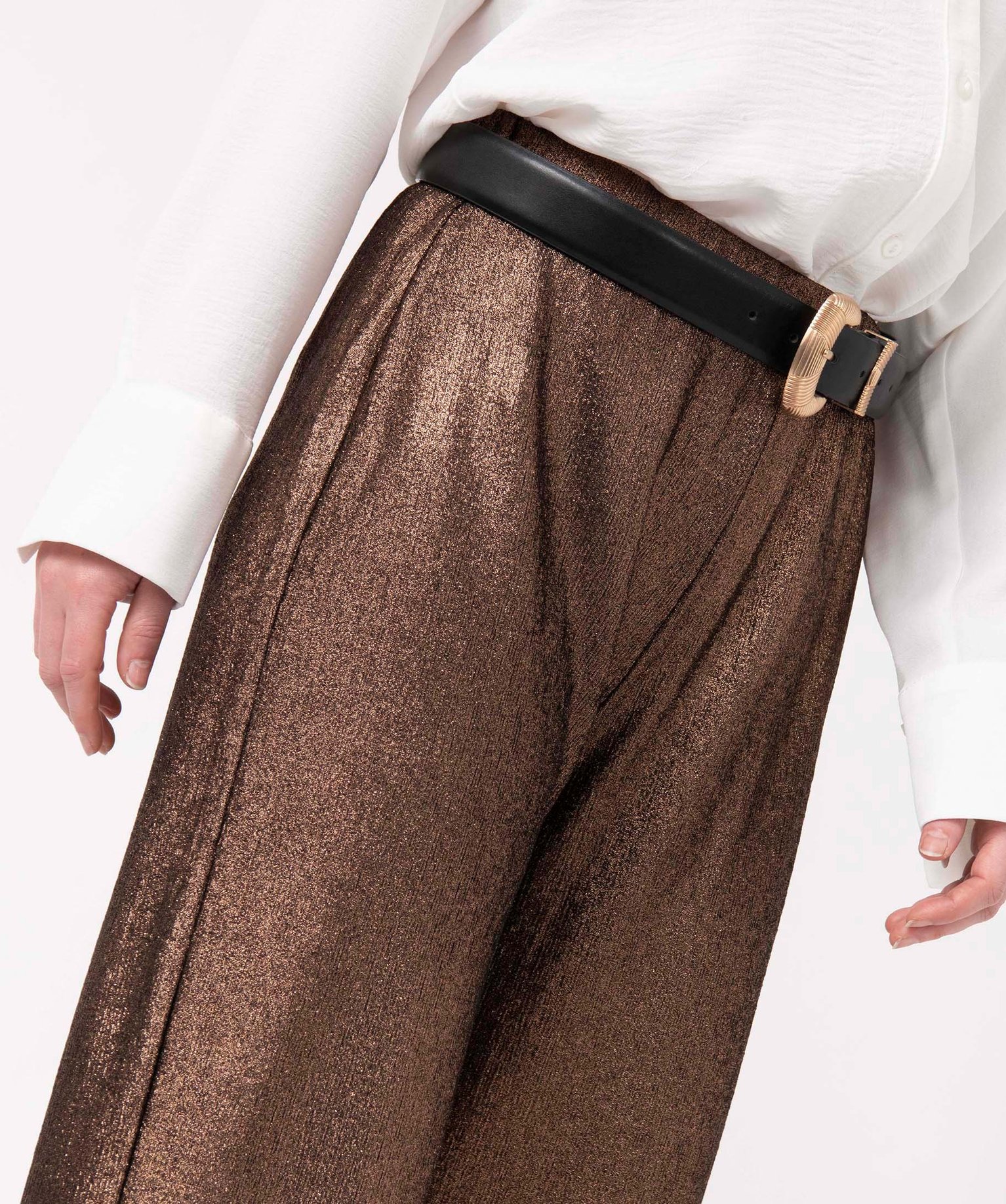 Pantalon femme en maille fluide pailletée marron | GEMO