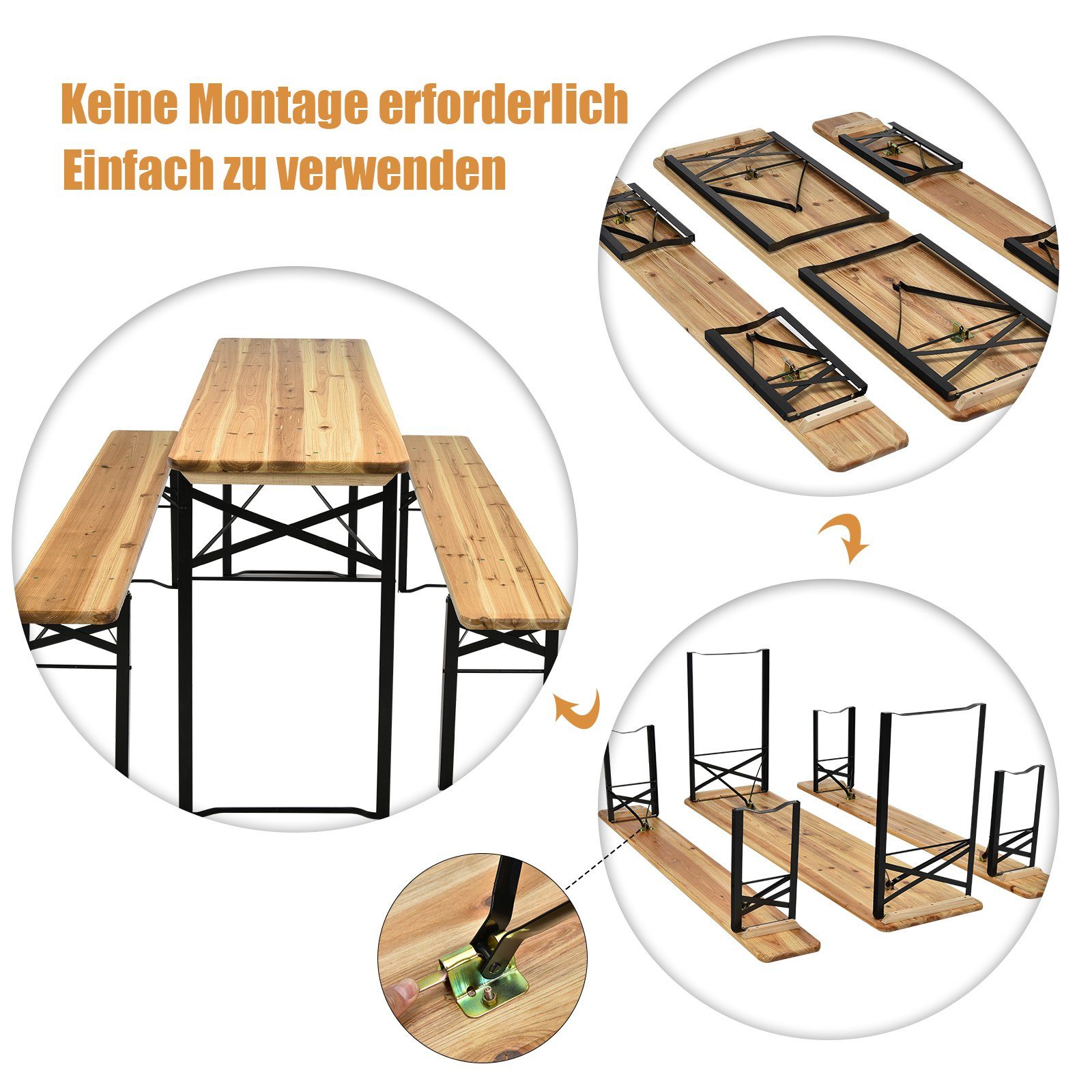 COSTWAY Bierzeltgarnitur, (3-tlg), Campingtisch Metallrahmen, 178x46x76cm