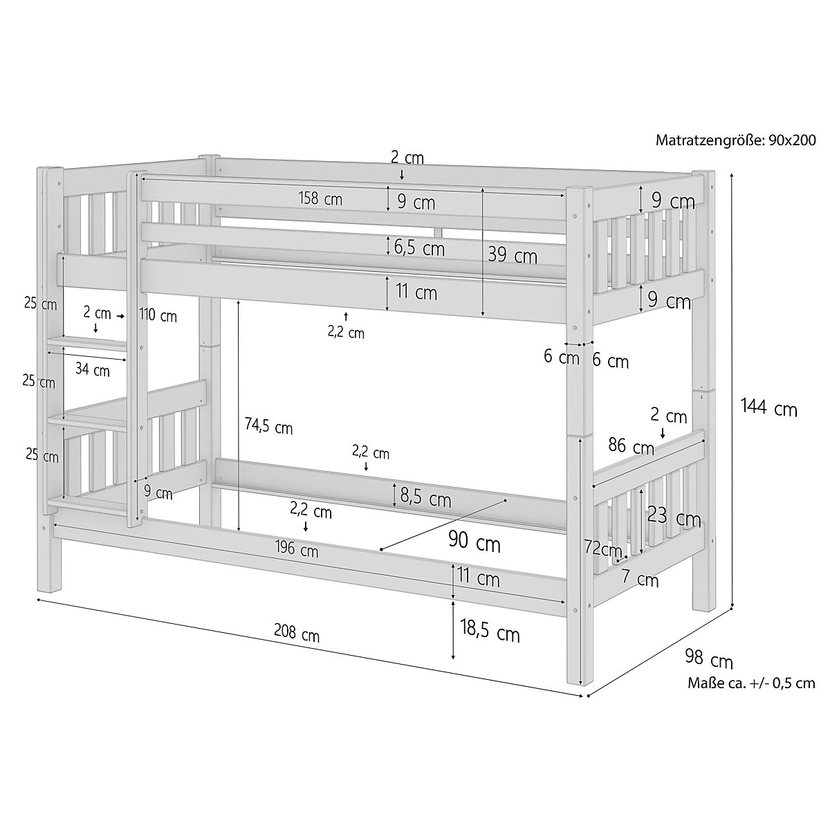 Kinderetagenbett Kiefer Massivholz 90x200 mit Rost