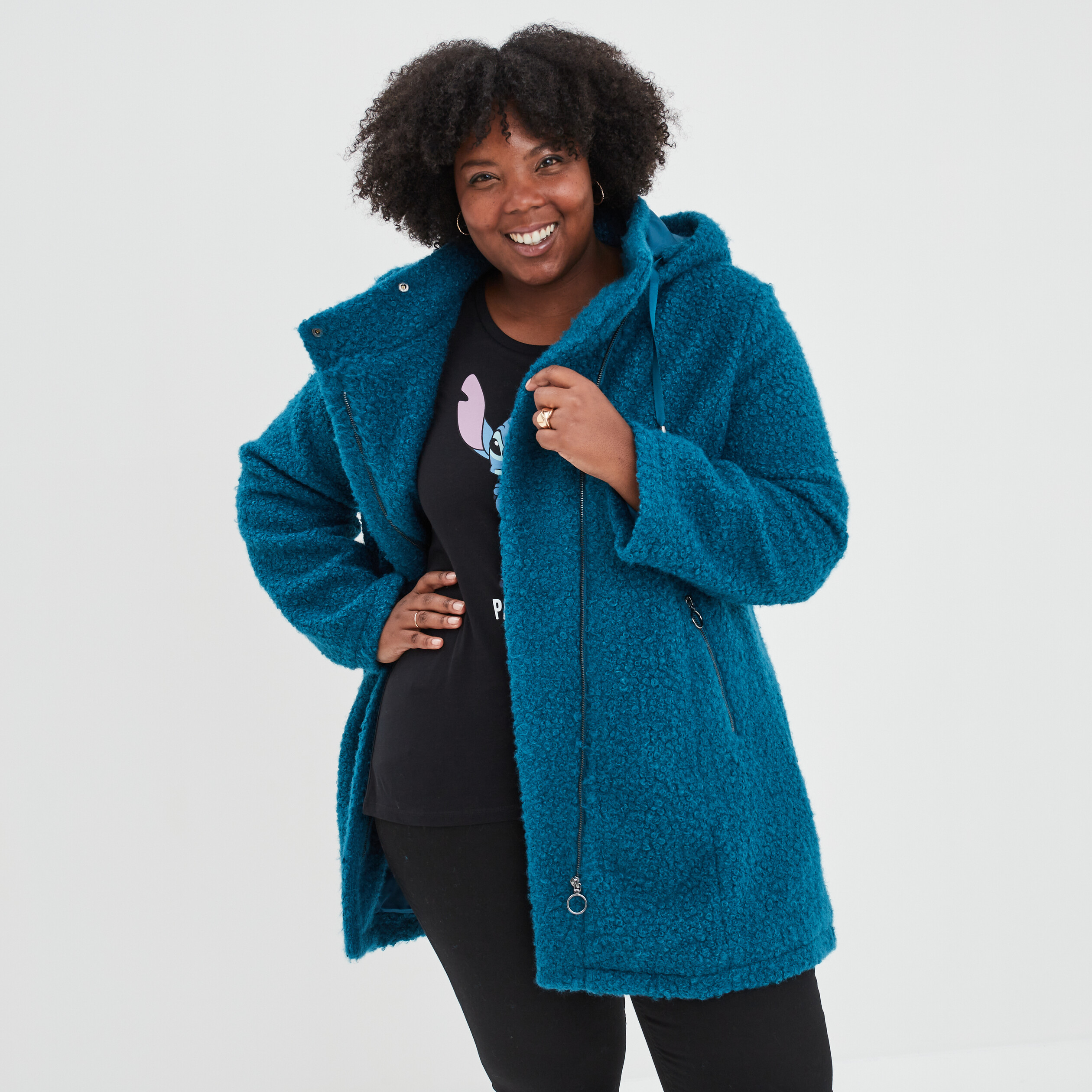 Manteau pilou bouclette à capuche bleu canard femme grande taille | La Halle