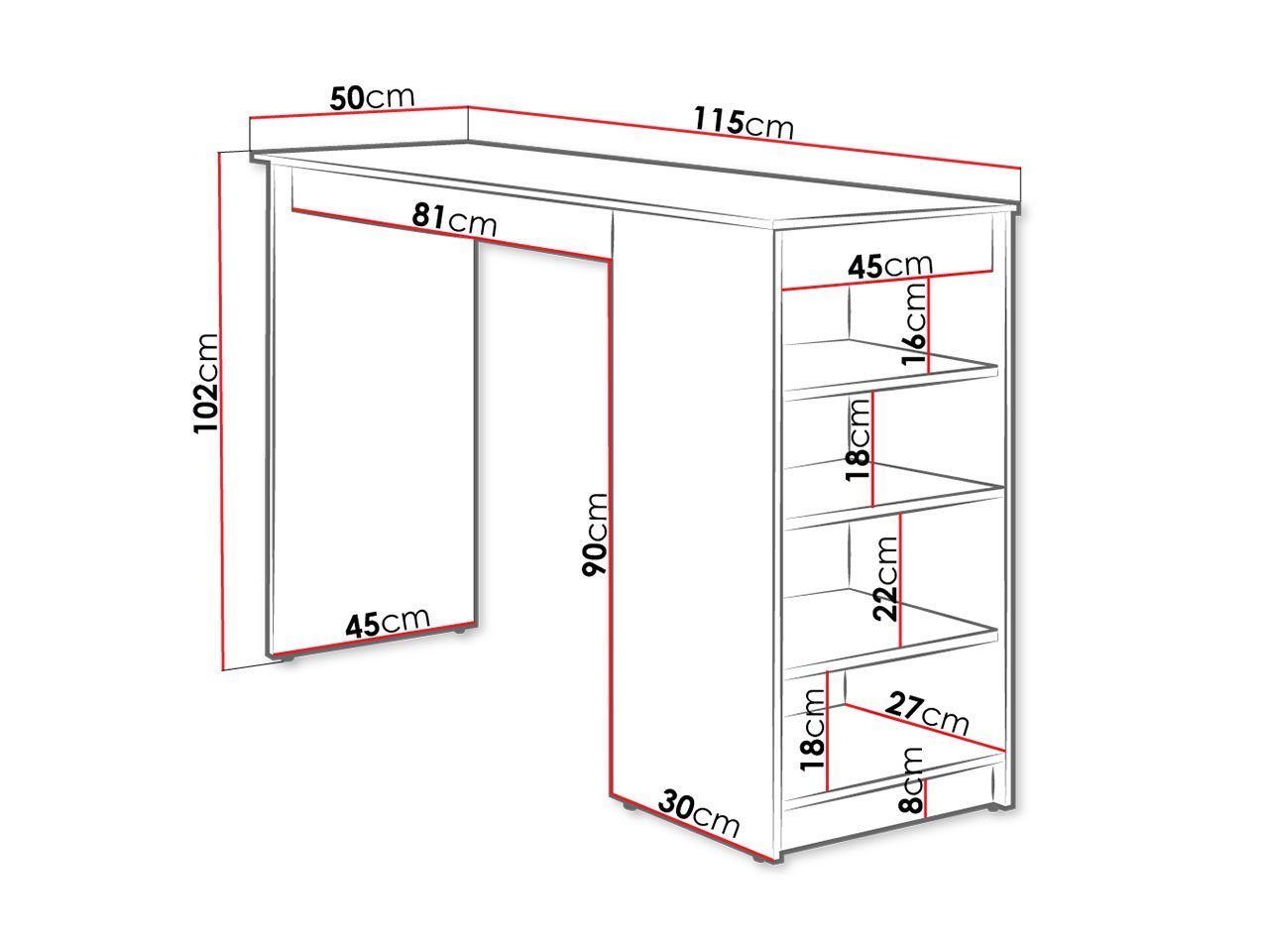 Mirjan24 Bartisch Zotino (mit Regale), 102 cm hoch, Antirutschfüße