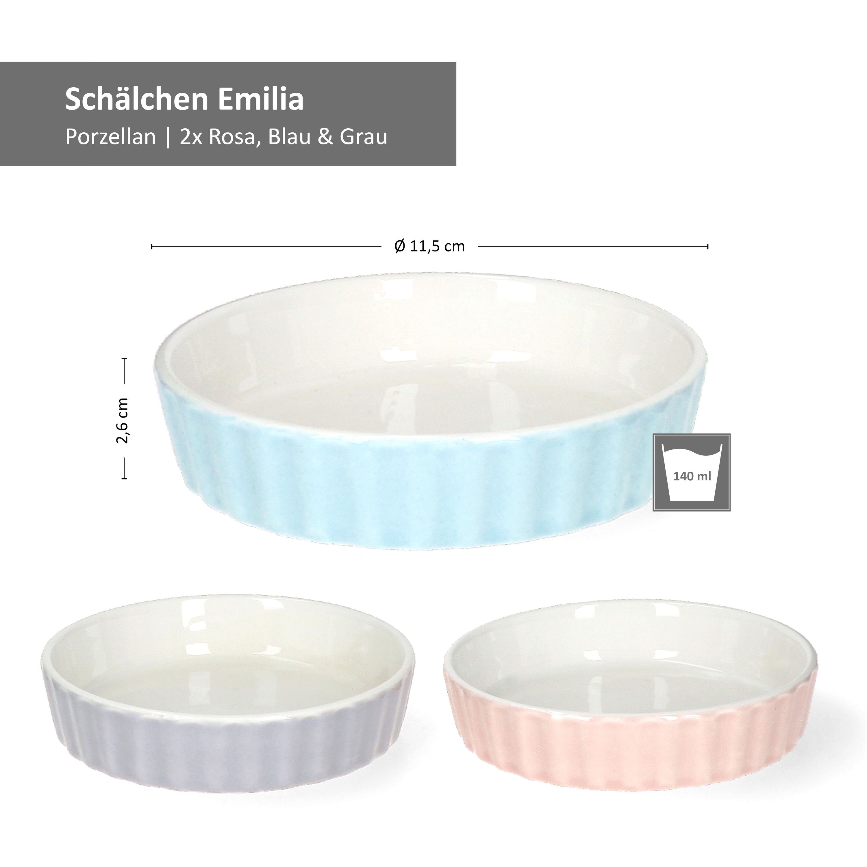 MamboCat Auflaufform 6er Set Crème Brûlée-Förmchen Emilia rosa türkis grau Schälchen, Porzellan