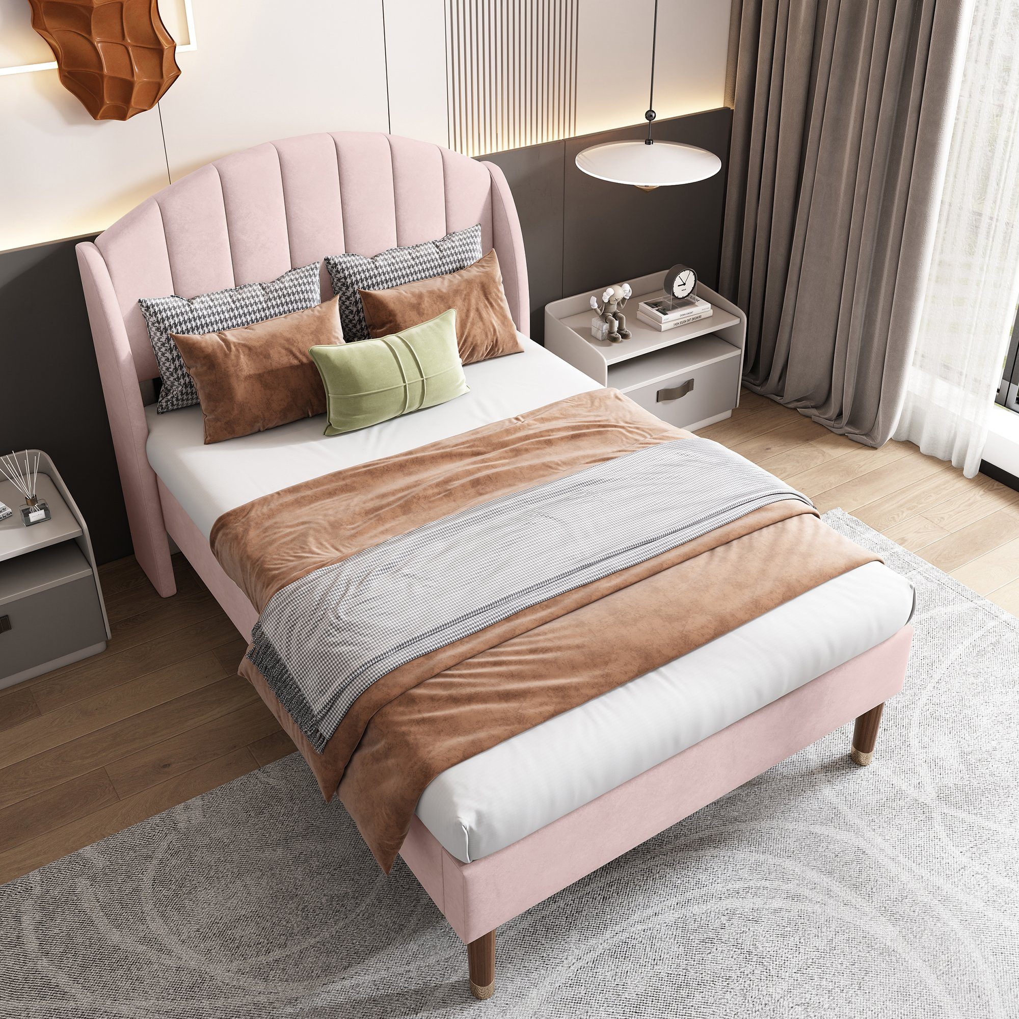 HAUSS SPLOE Polsterbett Polsterbett Einzelbett Funktionsbett Bettrahmen Jugendbett Kinderbett (90*200 mit Lattenrost und Kopfteil ohne Matratze), Holzlattenunterstützung, Einfache Montage
