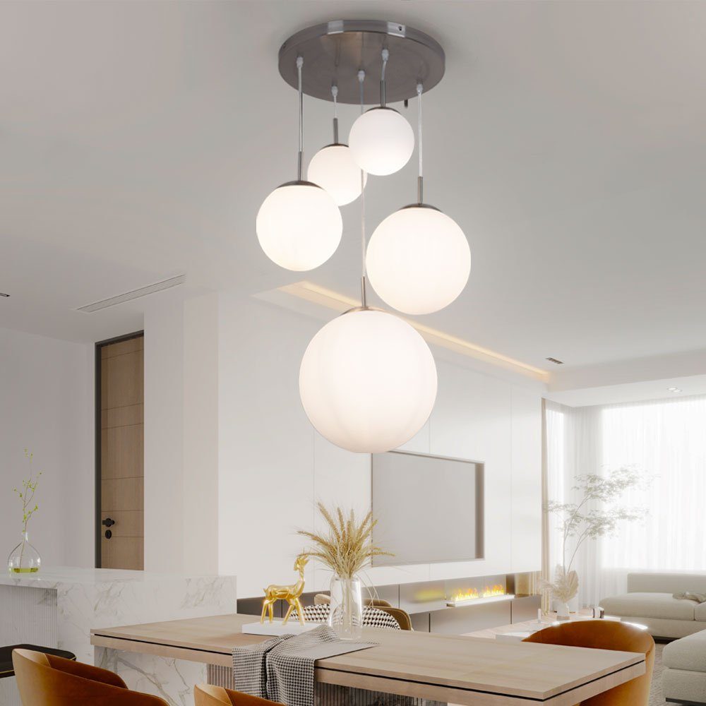 Globo Kugelleuchte, Leuchtmittel nicht inklusive, Hängeleuchte Wohnzimmerlampe 5-flammig Glas Schirm Kugel silber H 90cm