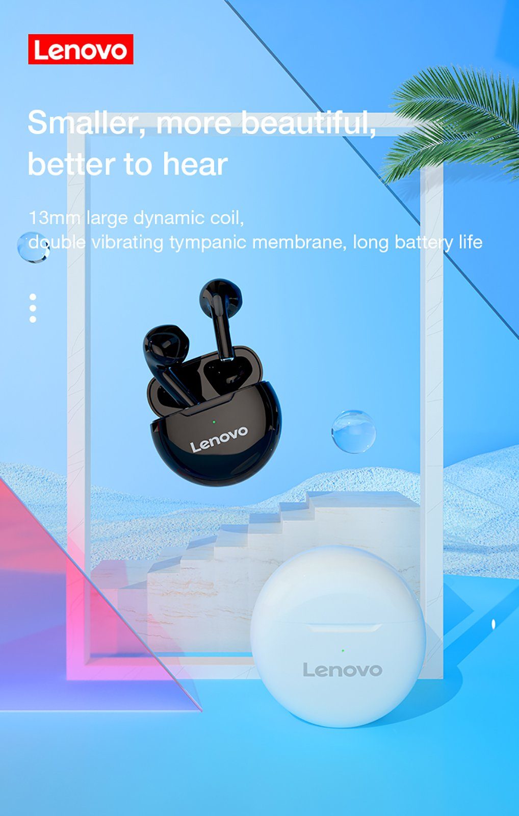 Lenovo HT38 mit Touch-Steuerung Bluetooth-Kopfhörer (True Wireless, Siri, Google Assistant, Bluetooth 5.0, kabellos, Stereo-Ohrhörer mit 250 mAh Kopfhörer-Ladehülle - Weiß)