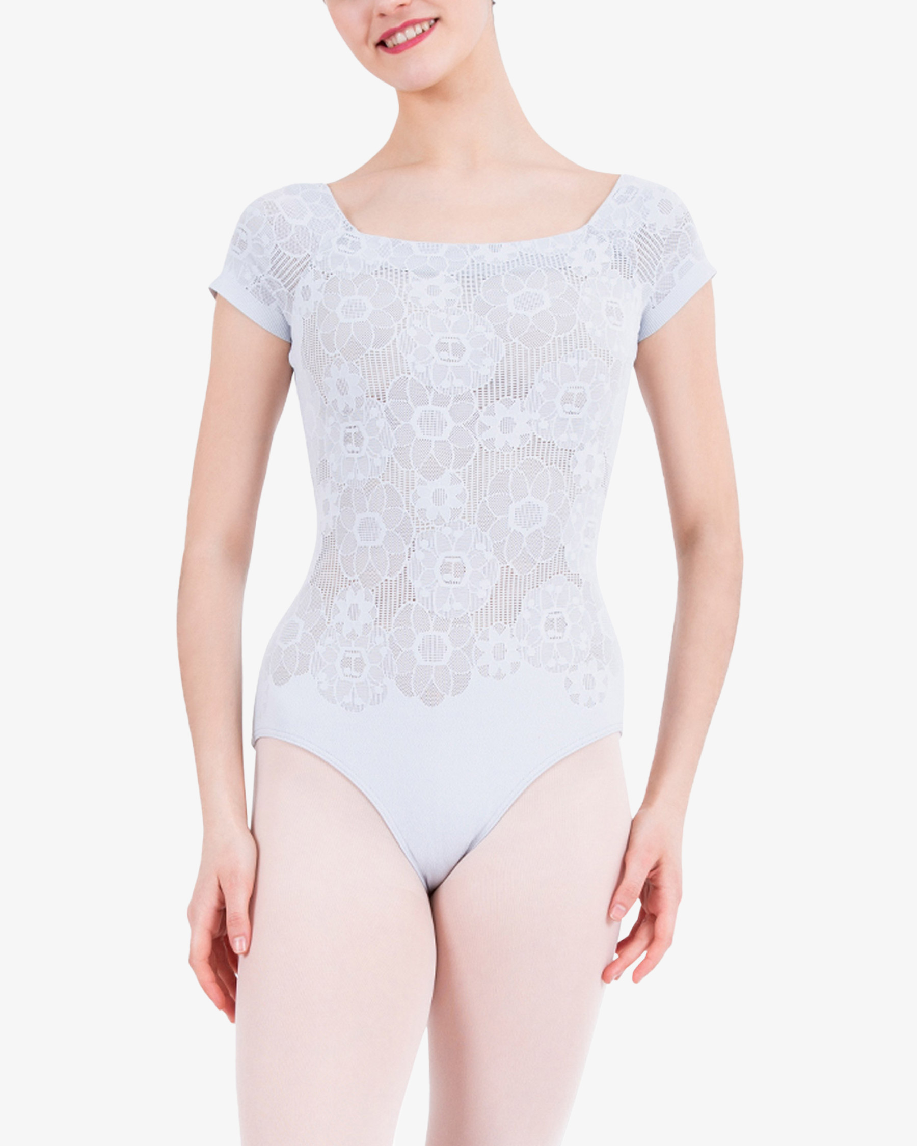 Short sleeves rosette lace leotard