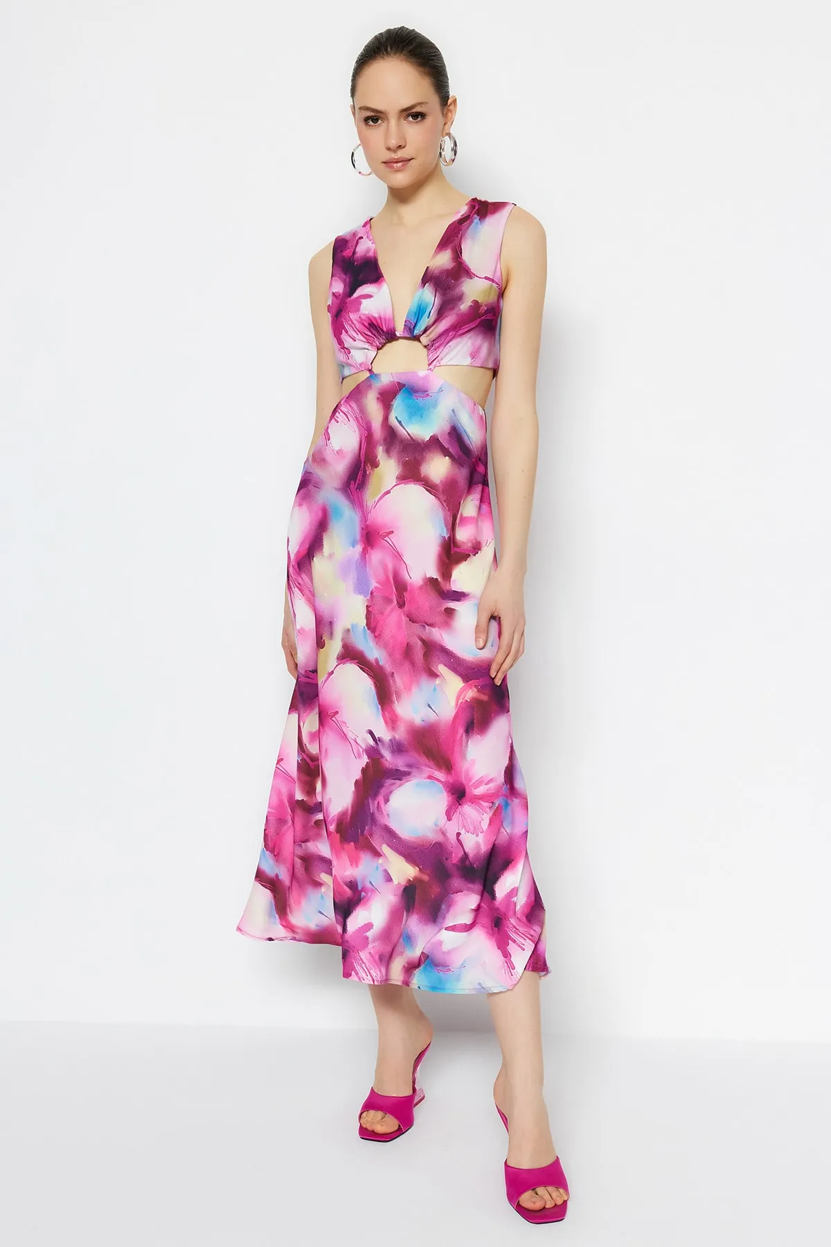 Trendyol Collection  Design Rosa A-Linie Midi gewebtes Batik-gemustertes gewebtes Kleid TWOSS21EL3578