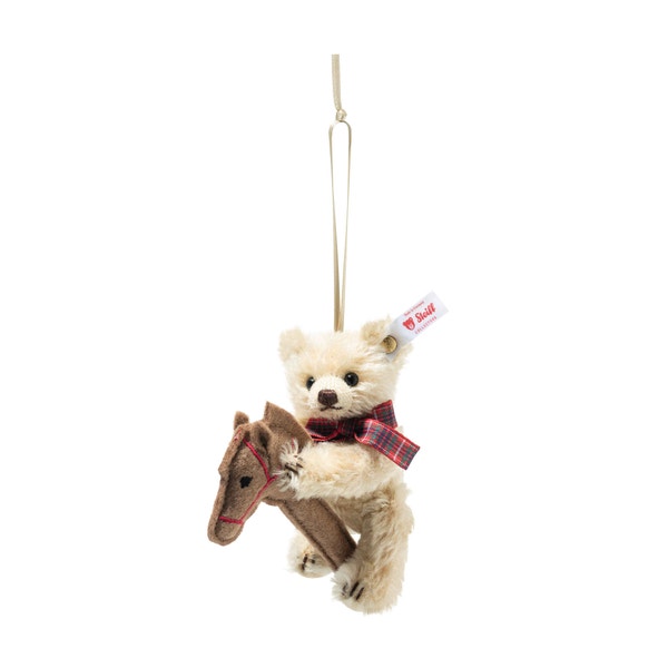 Teddybär Ornament auf Steckenpferd, 11 cm, beige
