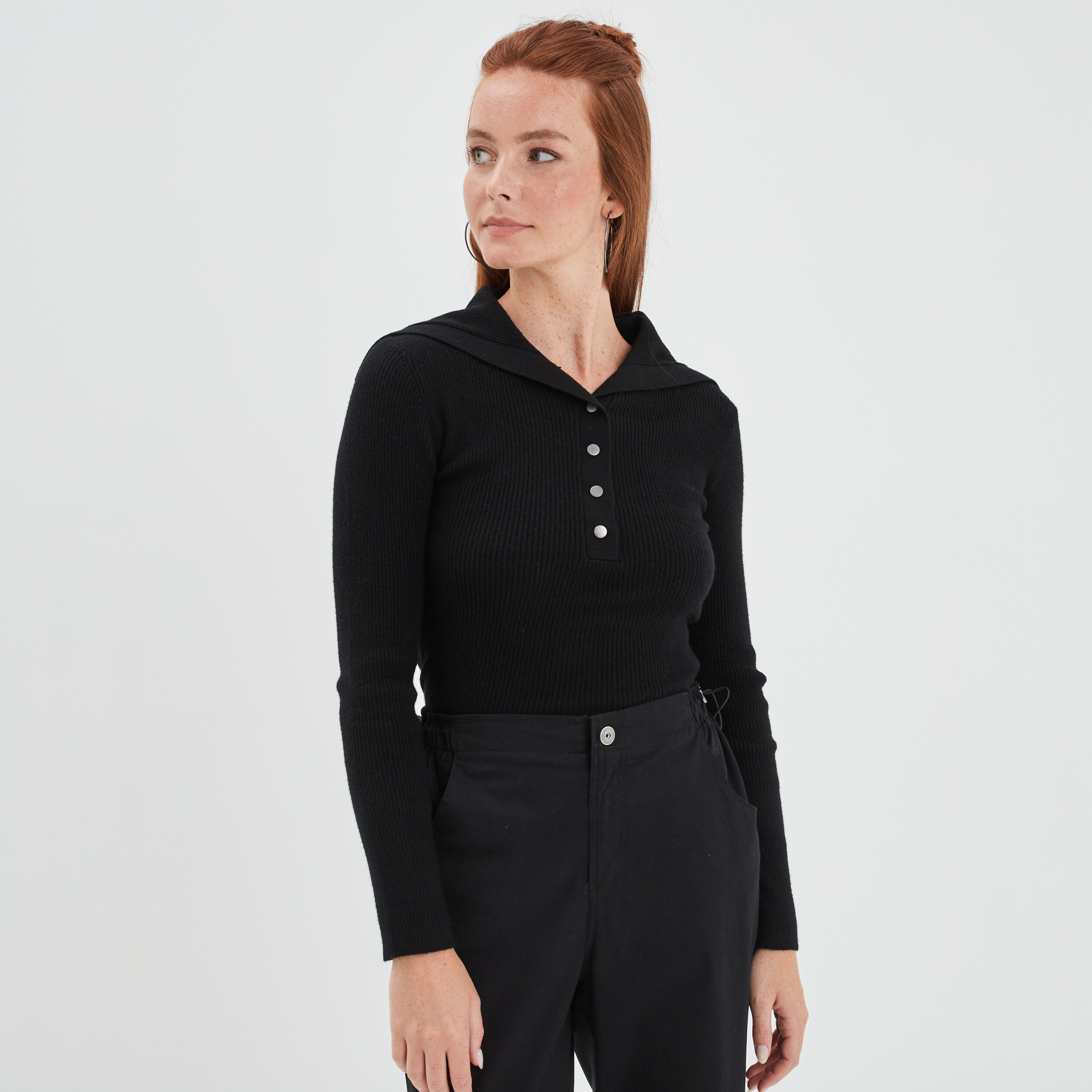 Pull col camionneur boutonné Liberto noir femme | La Halle