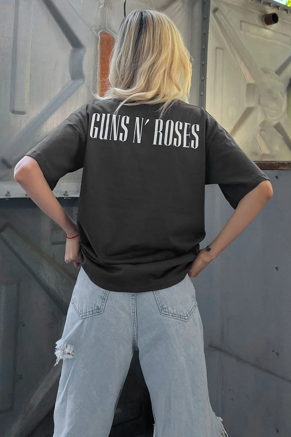 Madmext  Anthrazitfarbenes, hinten bedrucktes Over-Fit-Damen-T-Shirt Mg1506