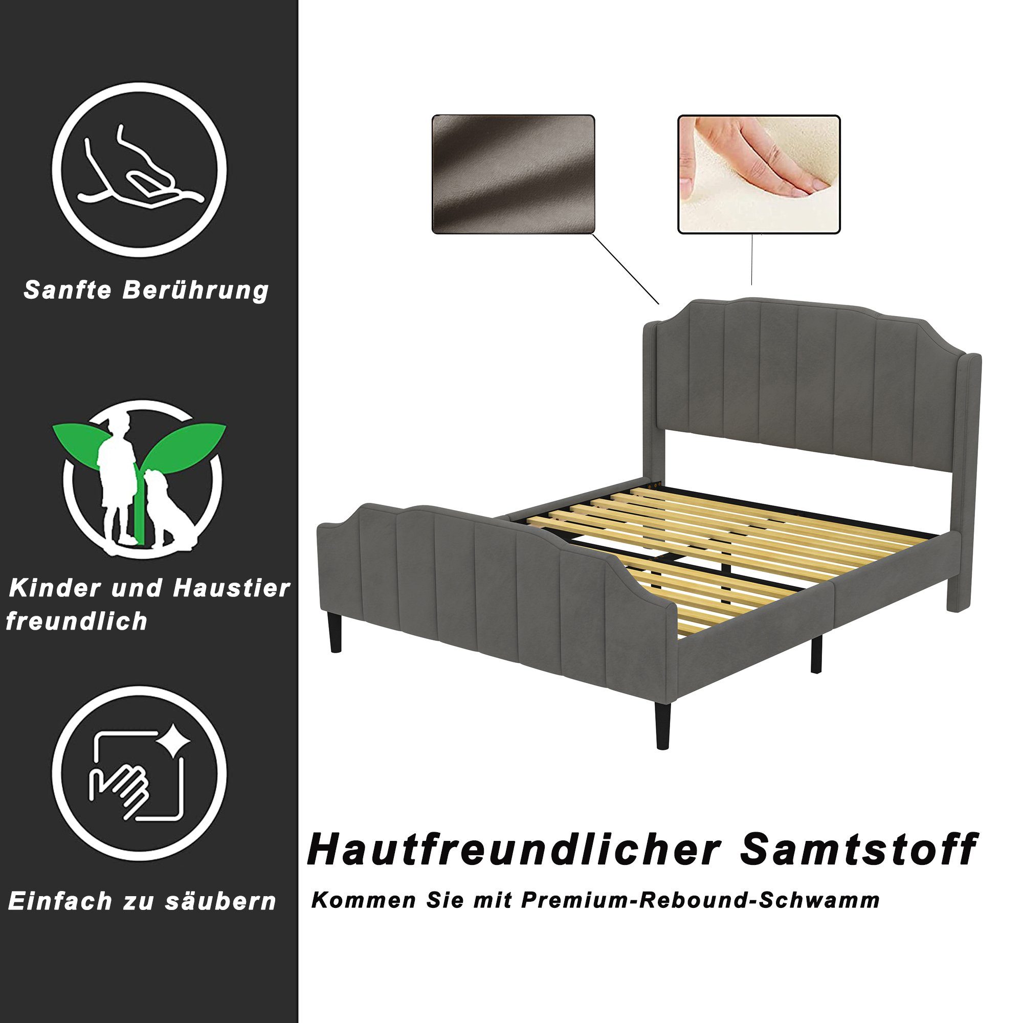 Flieks Polsterbett, Doppelbett Kinderbett mit Lattenrost Samt 140x200cm