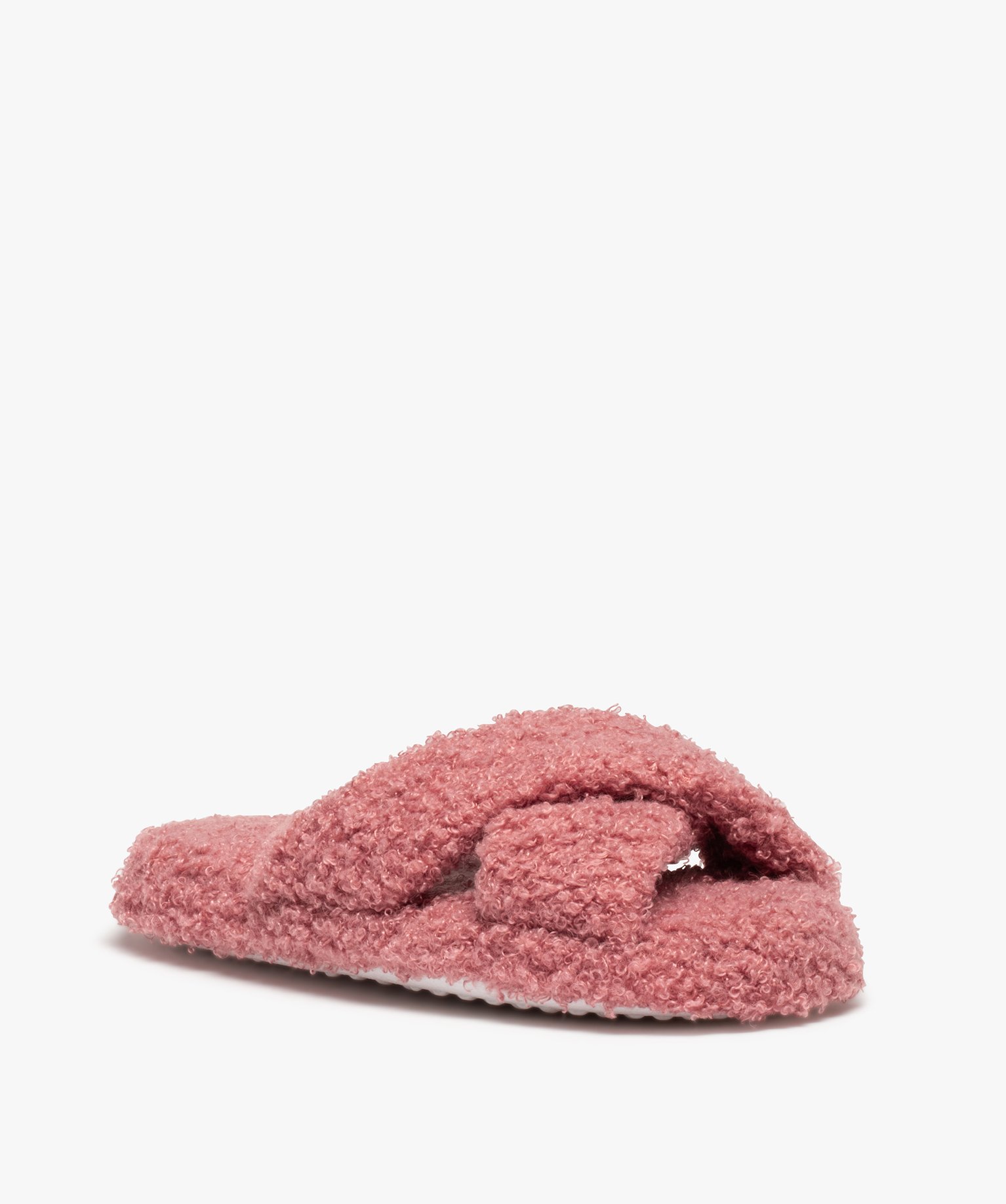 Chaussons femme mules ouvertes en maille bouclette rose | GEMO