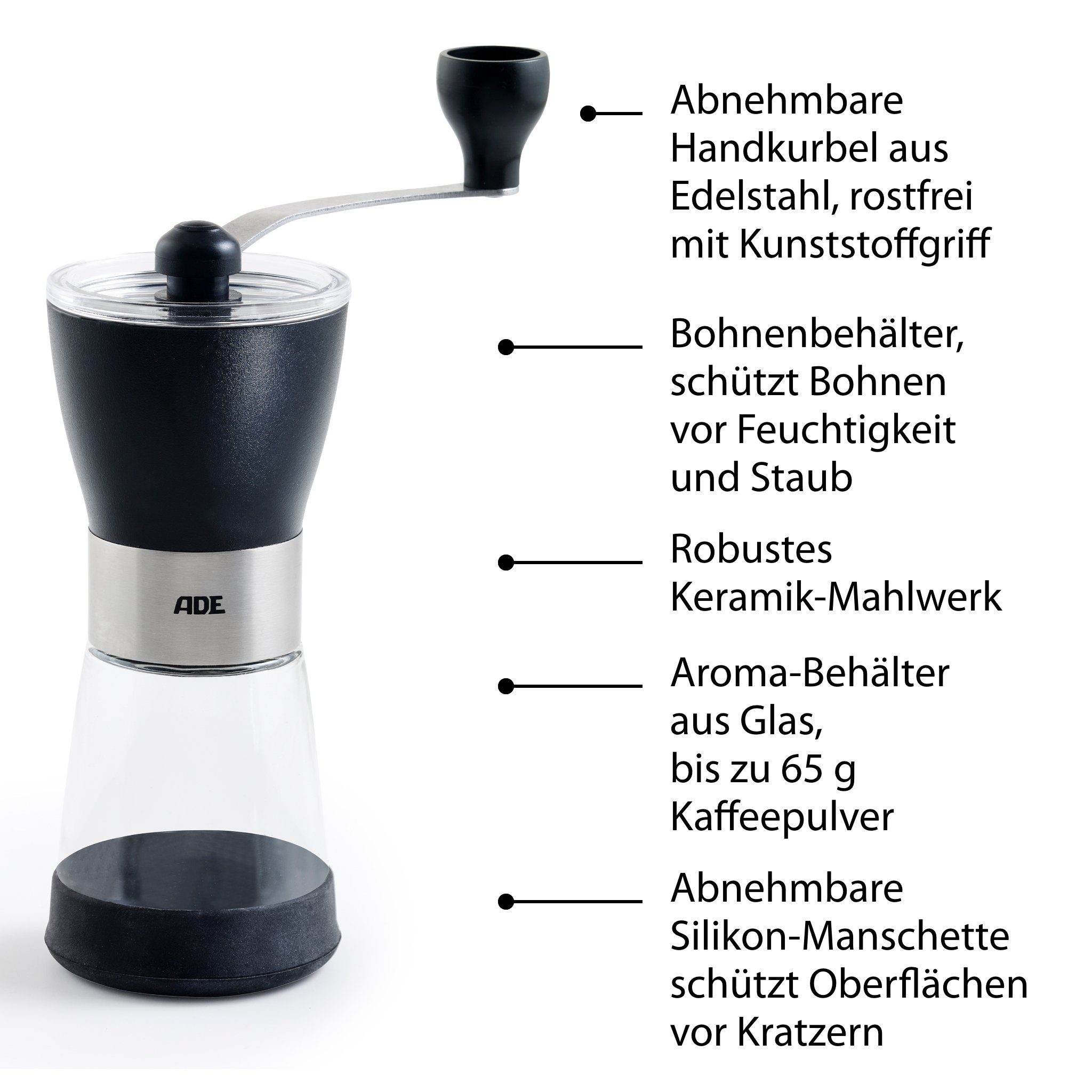 ADE Kaffeemühle manuell mit Aromabehälter aus Glas, Kegelmahlwerk, 65,00 g Bohnenbehälter, stufenloser Mahlgrad für French Press, Siebträger und Filterkaffee