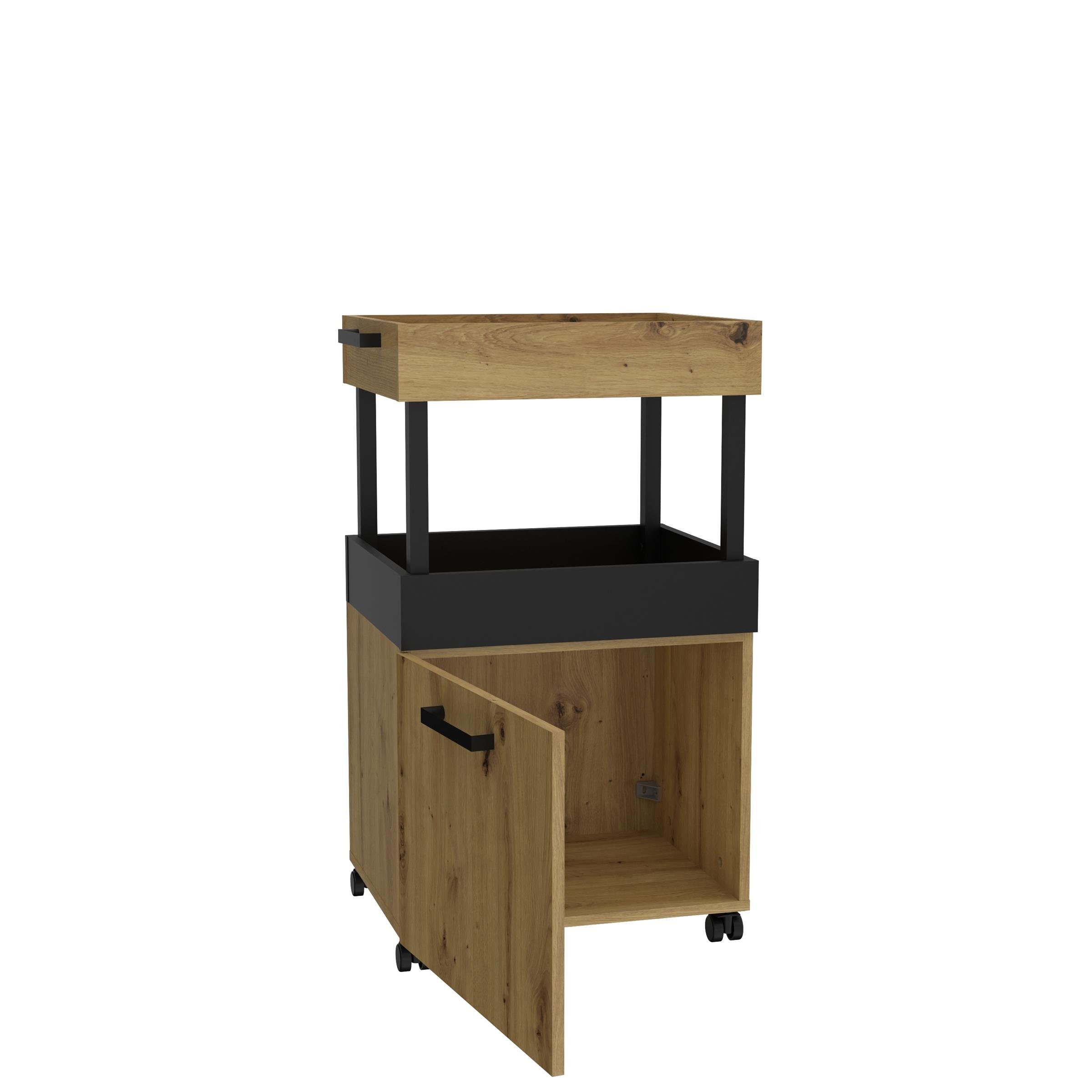 möbelando Barschrank Hydra Barschrank im modernen Industrial-Design aus Spanplatte in Artisan Eiche Nachbildung / Schwarz matt mit 1 Holztür, 2 Ablageböden und 4 Rollen. Breite 50,2 cm, Höhe 88,2 cm, Tiefe 41,1 cm