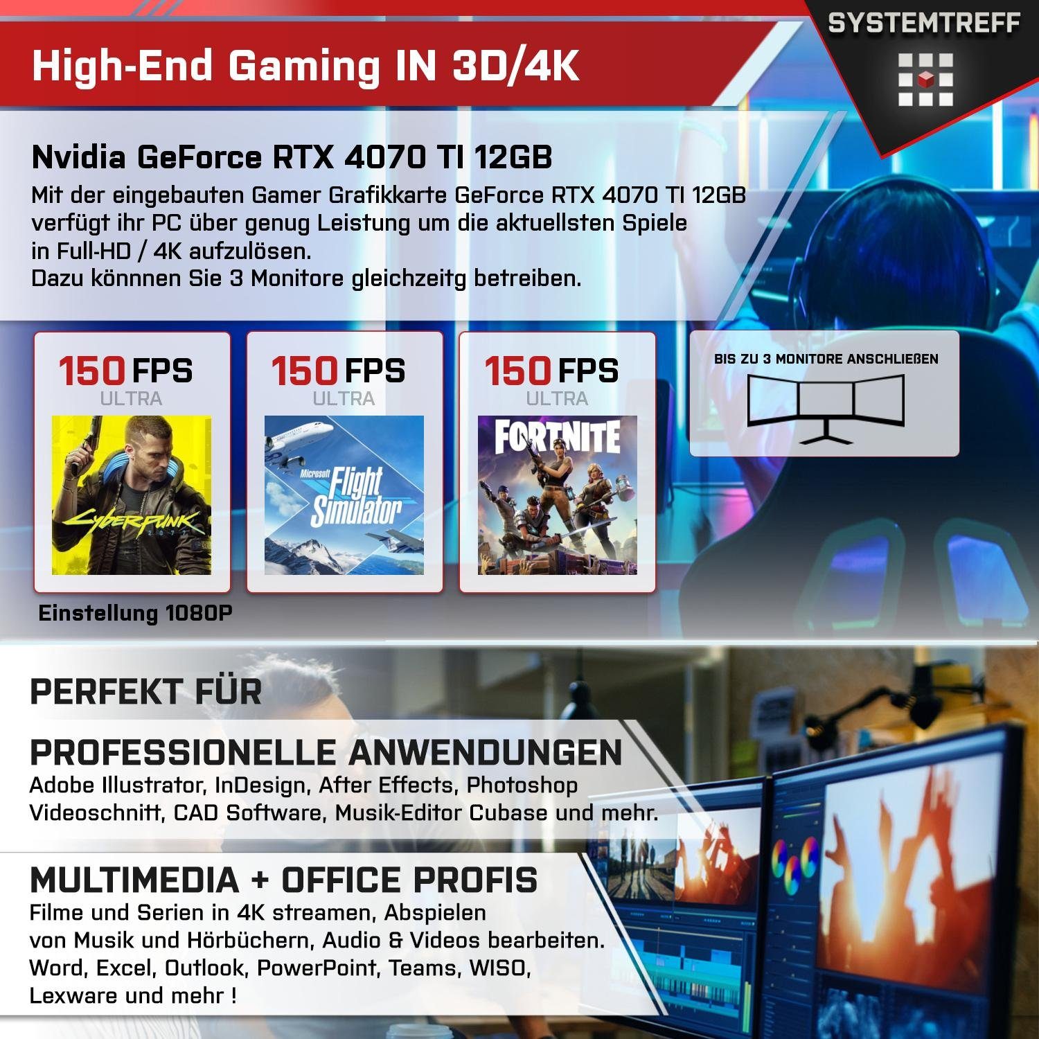 SYSTEMTREFF Gaming-PC (Intel Core i9 13900K, GeForce RTX 4070 TI, 32 GB RAM, 1000 GB SSD, Wasserkühlung, Windows 11, WLAN)