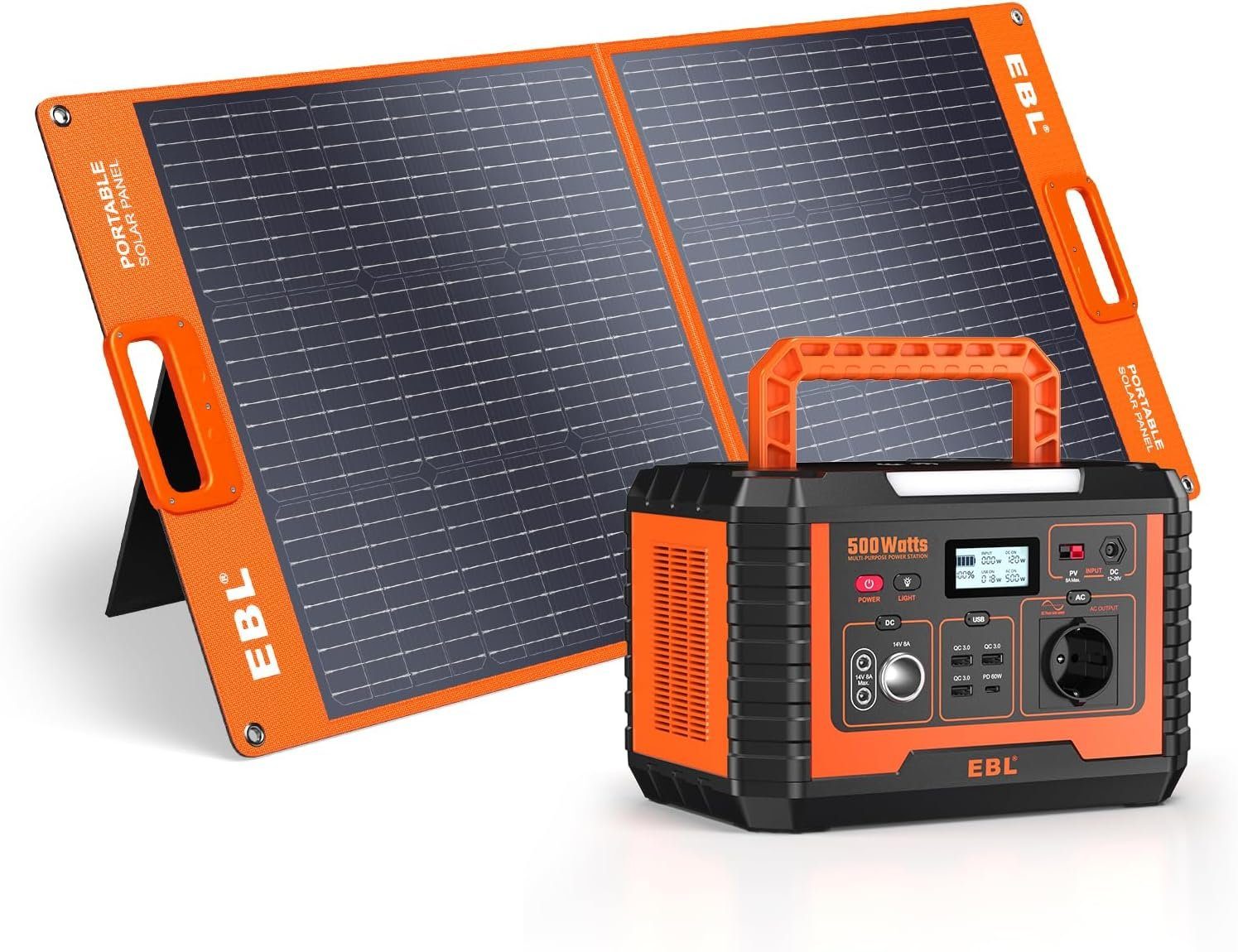 EBL Stromerzeuger Powerstation 500W Balkonkraftwerk mit 100W Solarpanel, 0,50 in kW, (1-tlg), Mobiler Stromspeicher,für Camping im Freien, Notfall zu Hause, Outdoor