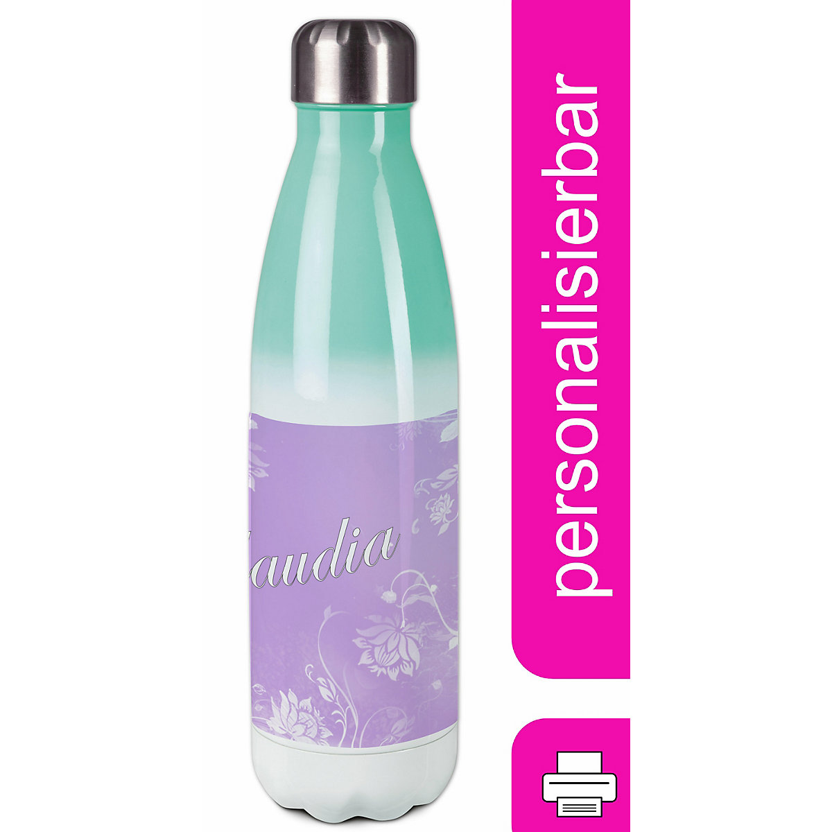 Edelstahl Kinder Thermoflasche / Trinkflasche bunt Blumenranke Farbe flieder Spülmaschinenfest, Auslaufsicher, Bruchfest, Doppelwandig, Für Heißgetränke geeignet, Mit Deckel, Isoliert
