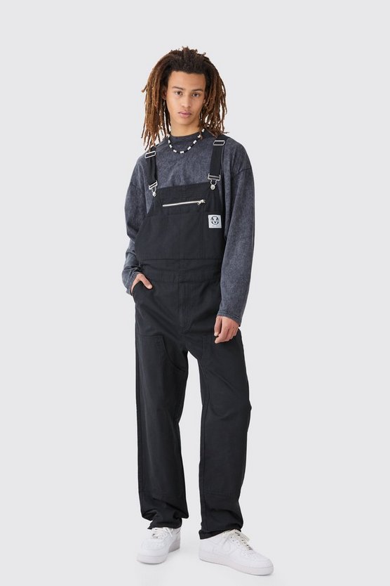 Lockere Twill-Latzhose mit Logo und Reißverschluss