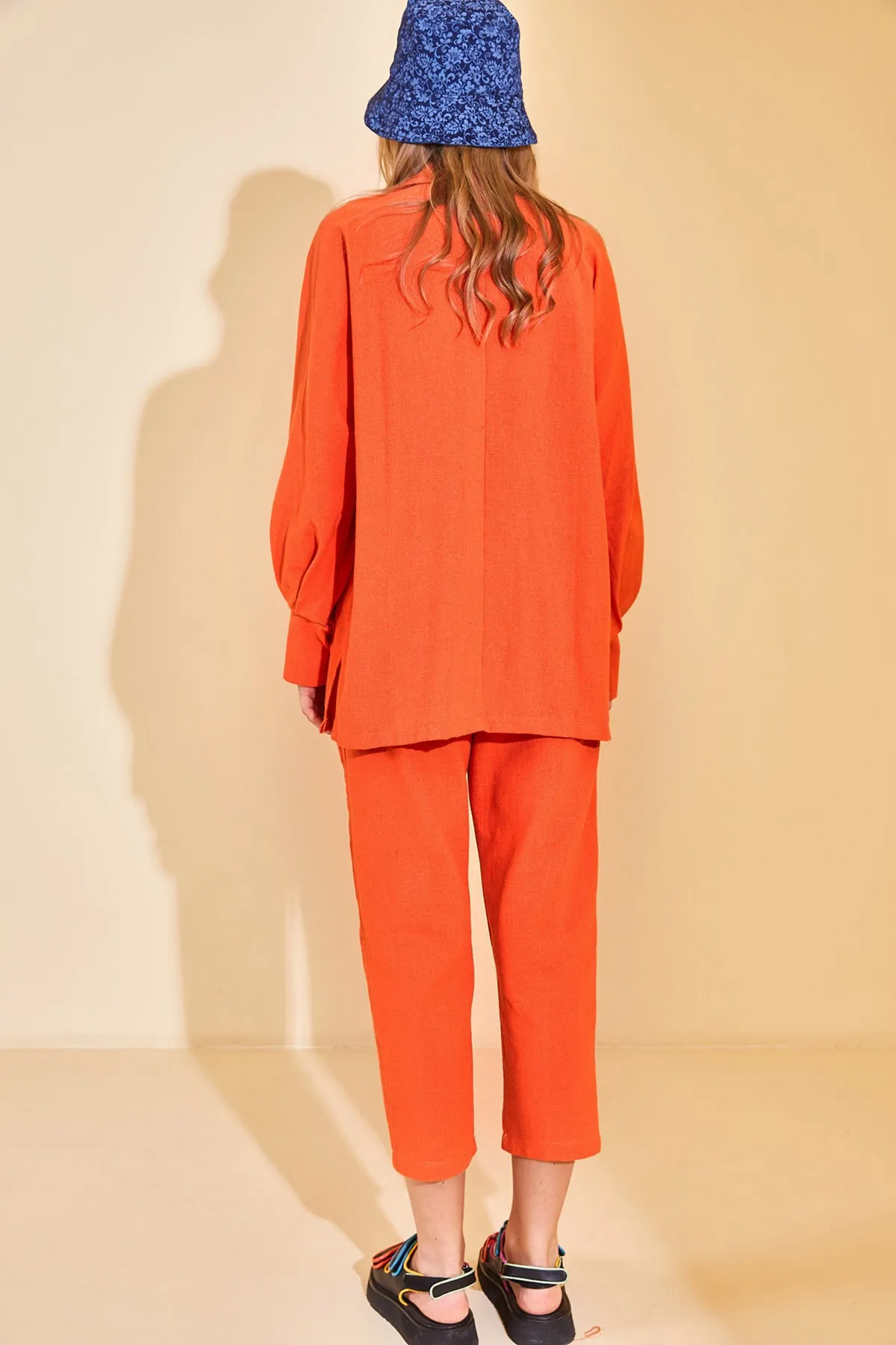 XHAN  Orangefarbener zweireihiger Leinenanzug für Damen mit Kragen 2YZK8-12872-11