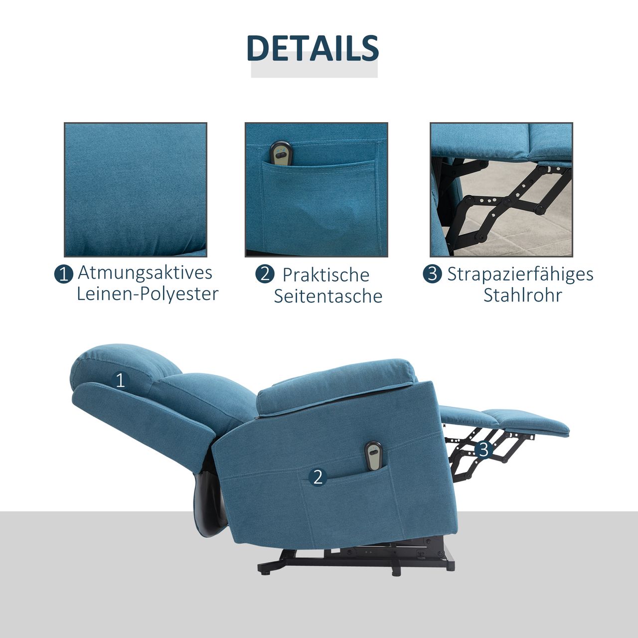 HOMCOM elektrischer Aufstehsessel Sessel mit Aufstehhilfe für Senior Relaxsessel Fernsehsessel Liegefunktion Leinen-Touch Blau 83 x 89 x 102 cm