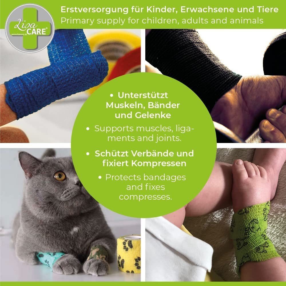 LisaCare Wundpflaster Selbsthaftende Fixierbinde - Fingerpflaster/Bandage (Farb-Mix, 7 St., Gelb, Rot, Beige, Blau, Schwarz, Neongrün & Neonpink / 2,5cm x 4,5m), Schnelle Wundversorgung!