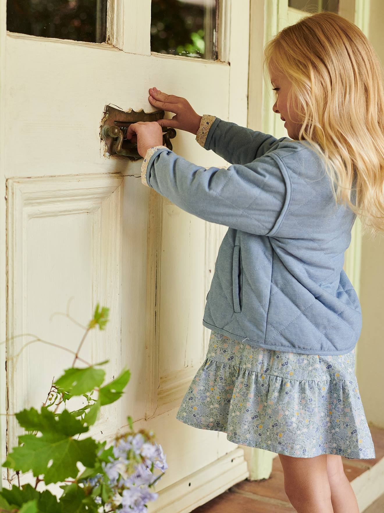 Veste matelassée en chambray fille doublure fleurie double stone