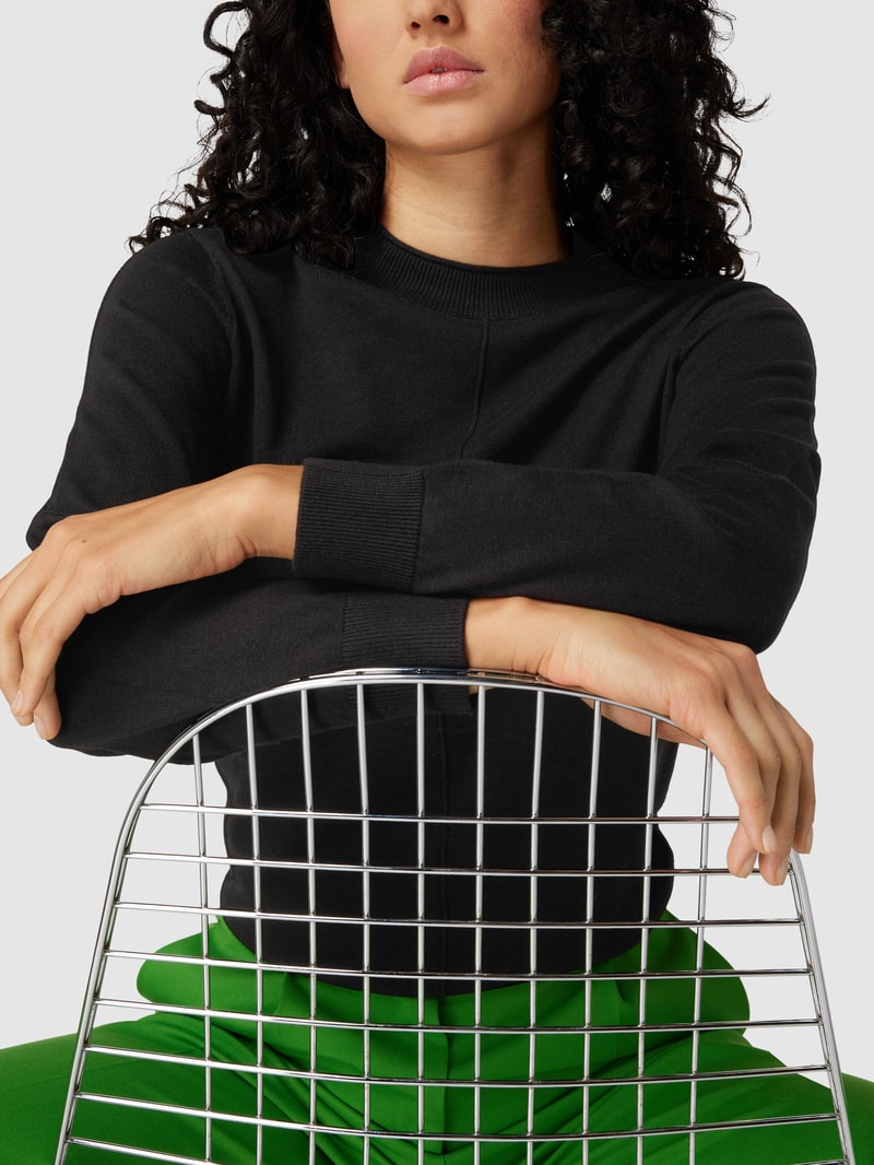 Sweatshirt mit geripptem Rundhalsausschnitt Modell 'Steh' in schwarz