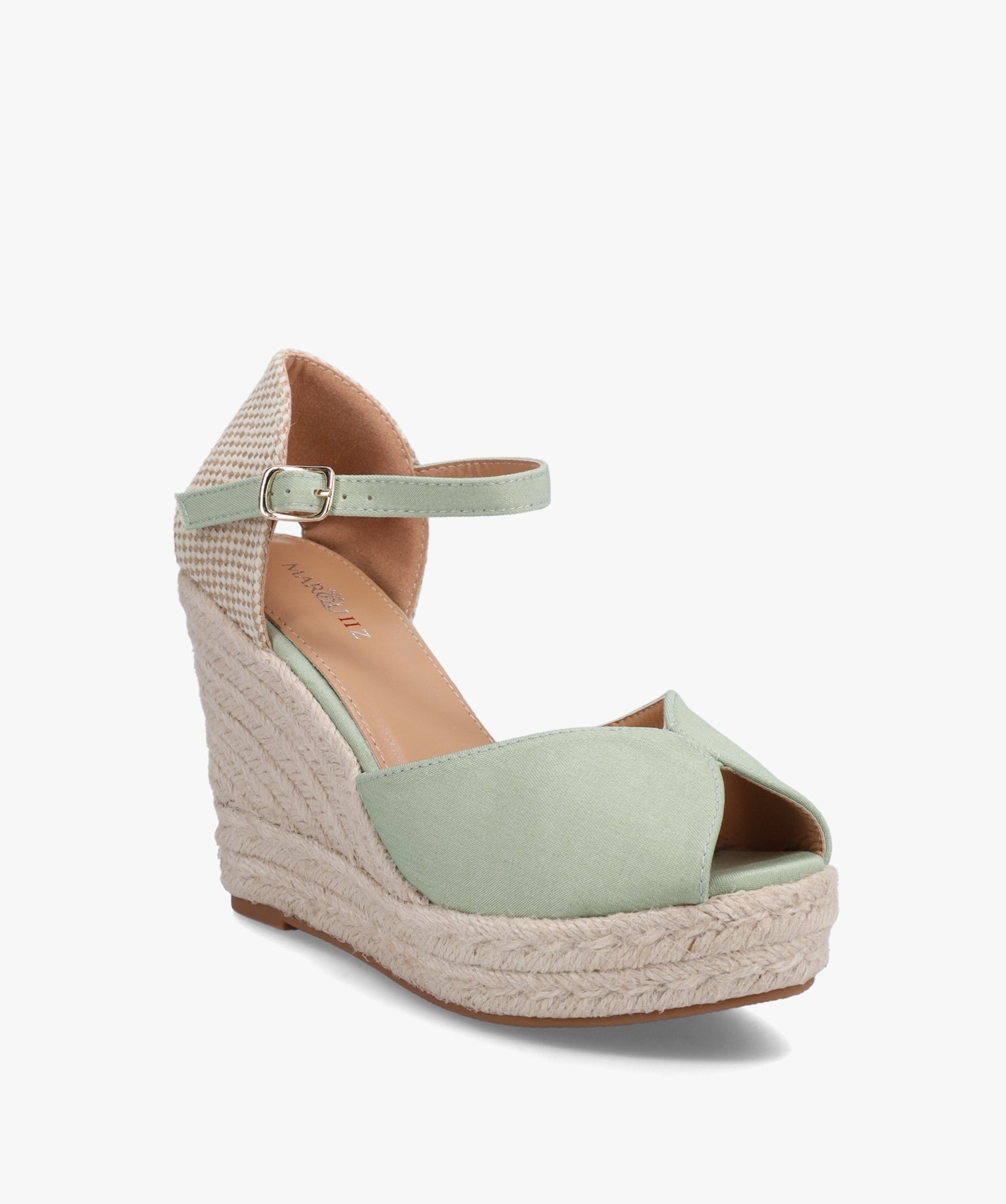 Sandales femme compensées en corde dessus satin uni vert | GEMO