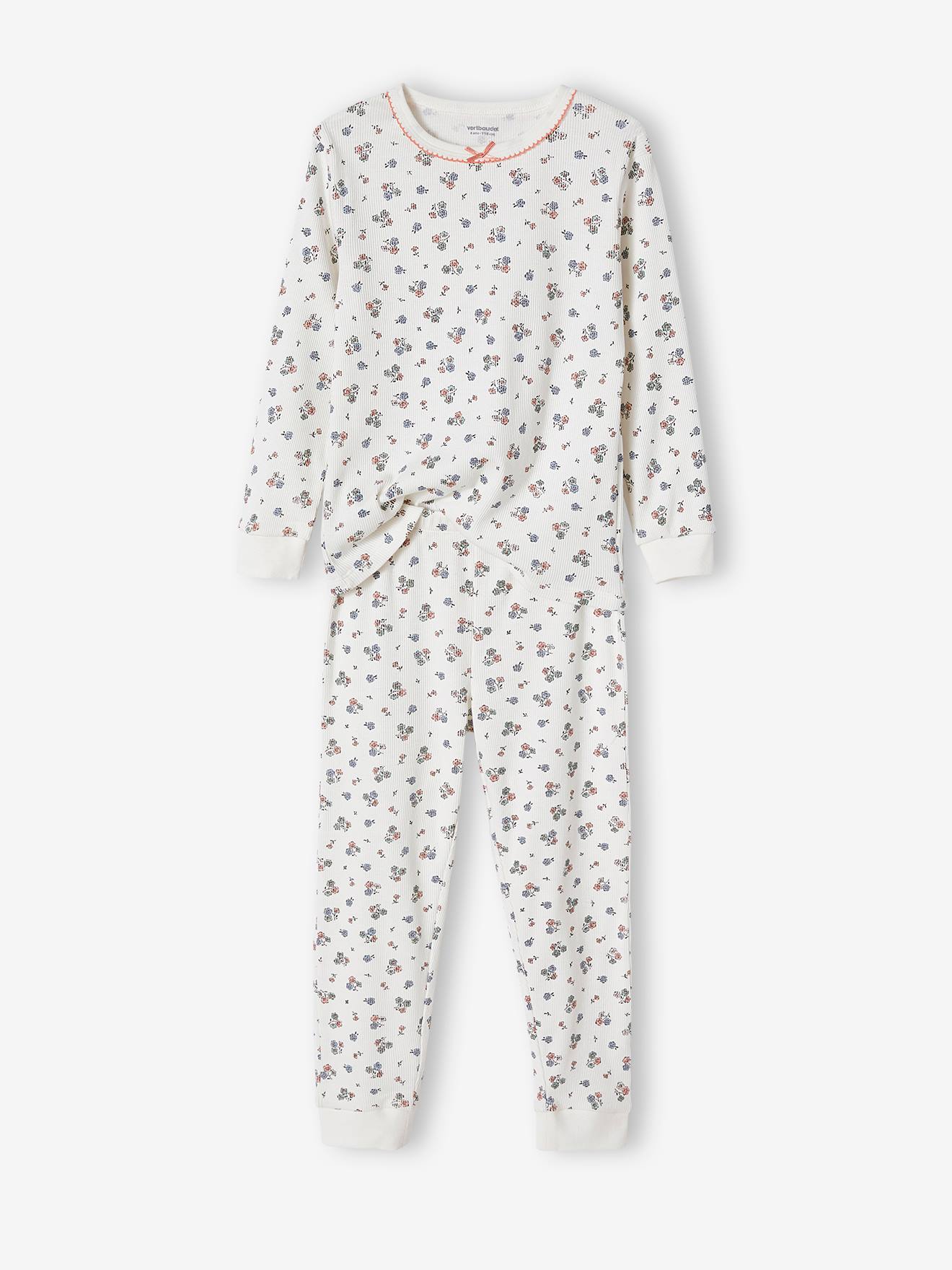 Pyjama fille personnalisable en maille côtelée avec imprimé fleuri écru