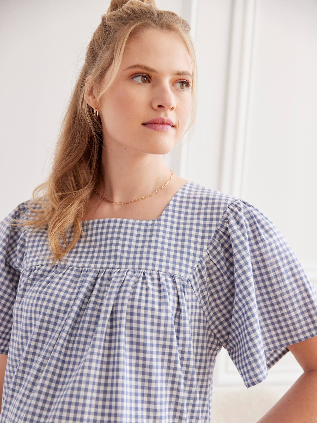 Blouse de grossesse carreaux vichy bleu grisé
