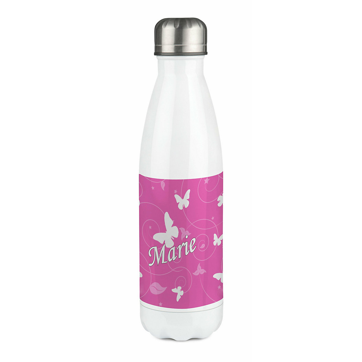 Edelstahl Kinder Thermoflasche / Trinkflasche bunt Schmetterling Ornamente Farbe rosa Spülmaschinenfest, Auslaufsicher, Bruchfest, Doppelwandig, Für Heißgetränke geeignet, Mit Deckel, Isoliert