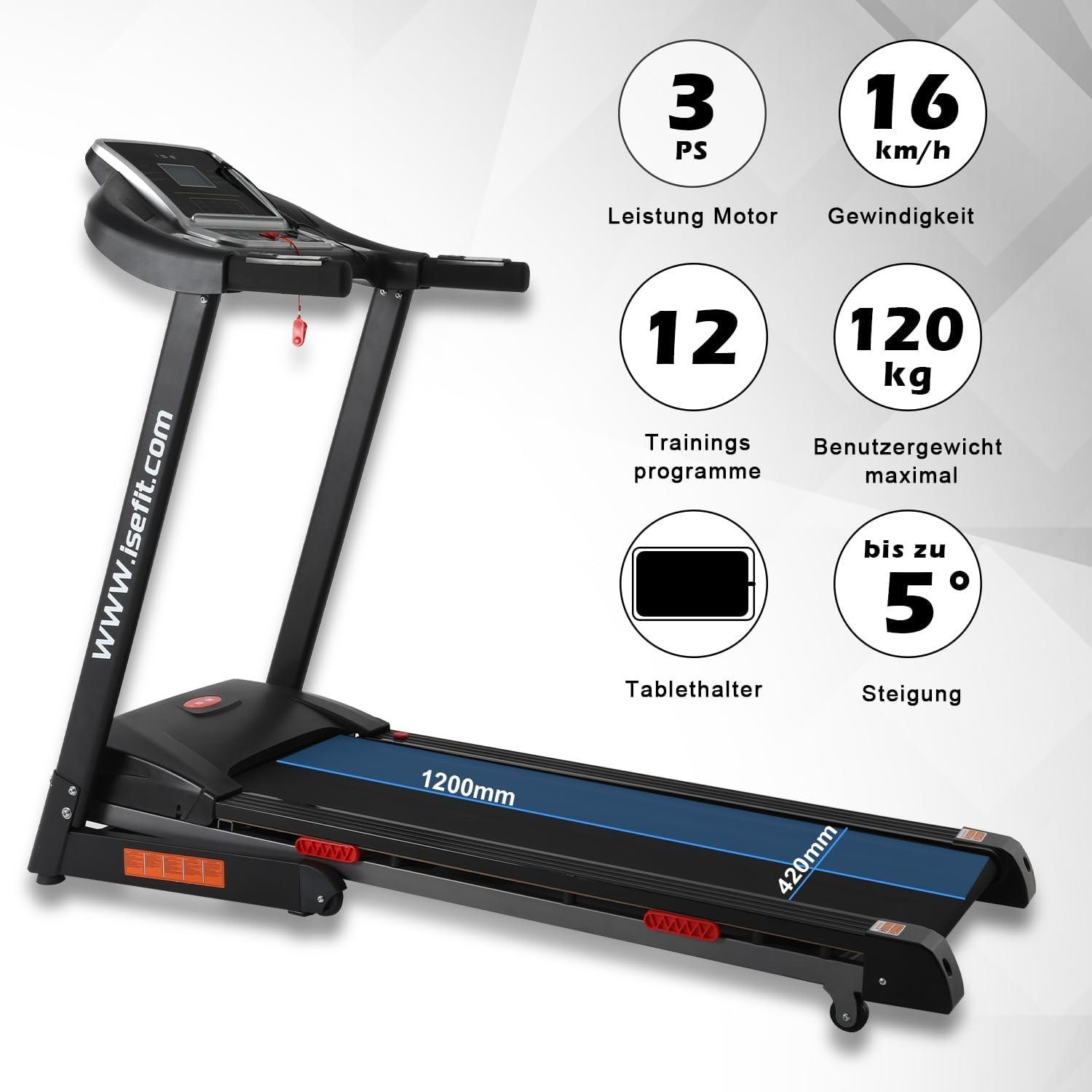 ISE Laufband (Motor&Auto Incline& großen Laufflächen bis zu 120kg für Zuhause), elektrisches klappbar Treadmill für Lauftraining mit LCD-Bildschirm