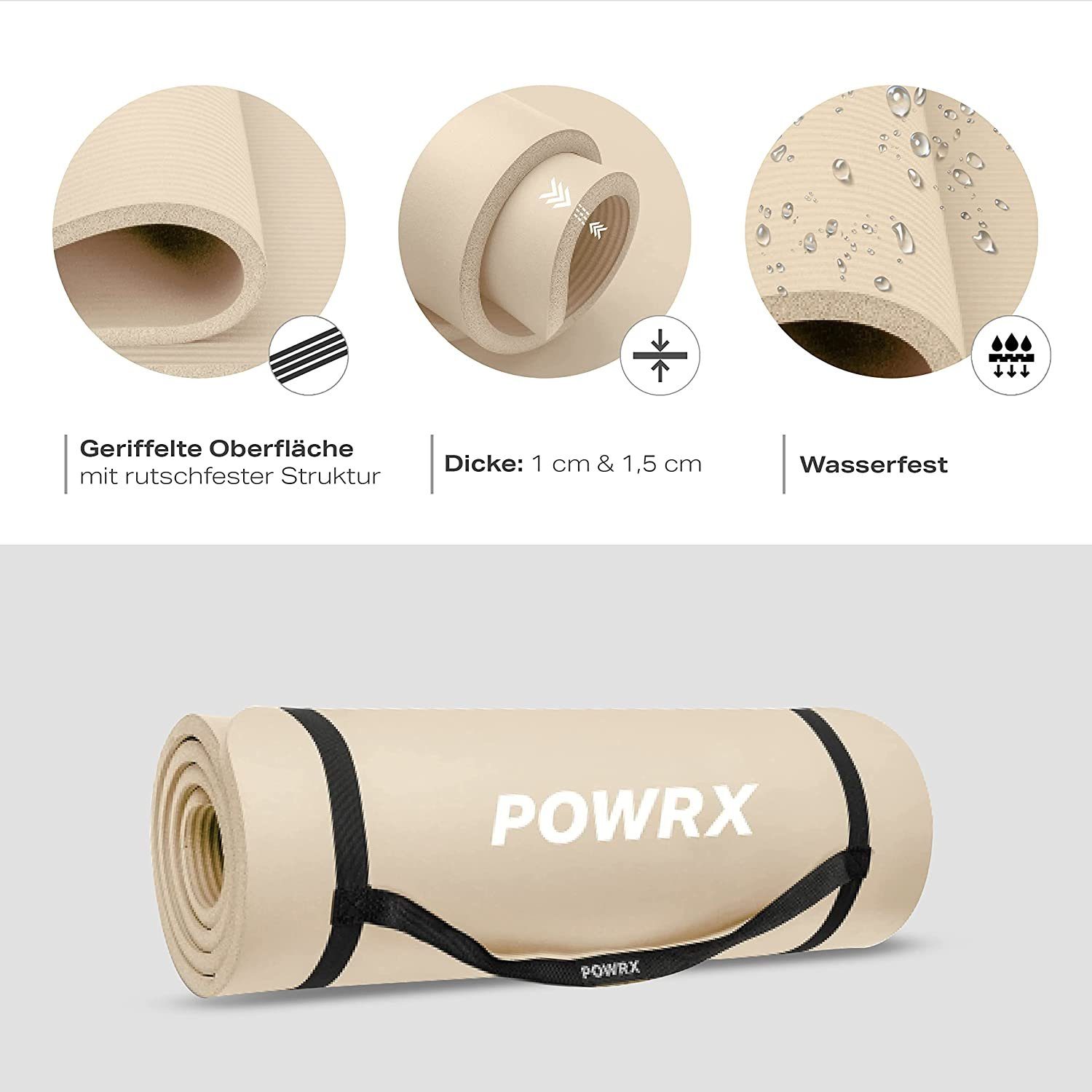 POWRX Yogamatte Gymnastikmatte Yogamatte (Beige, 190x60x1.5cm) inkl. Tragegurt+Tasche, Beige 190 X 60 X 1.5 Cm