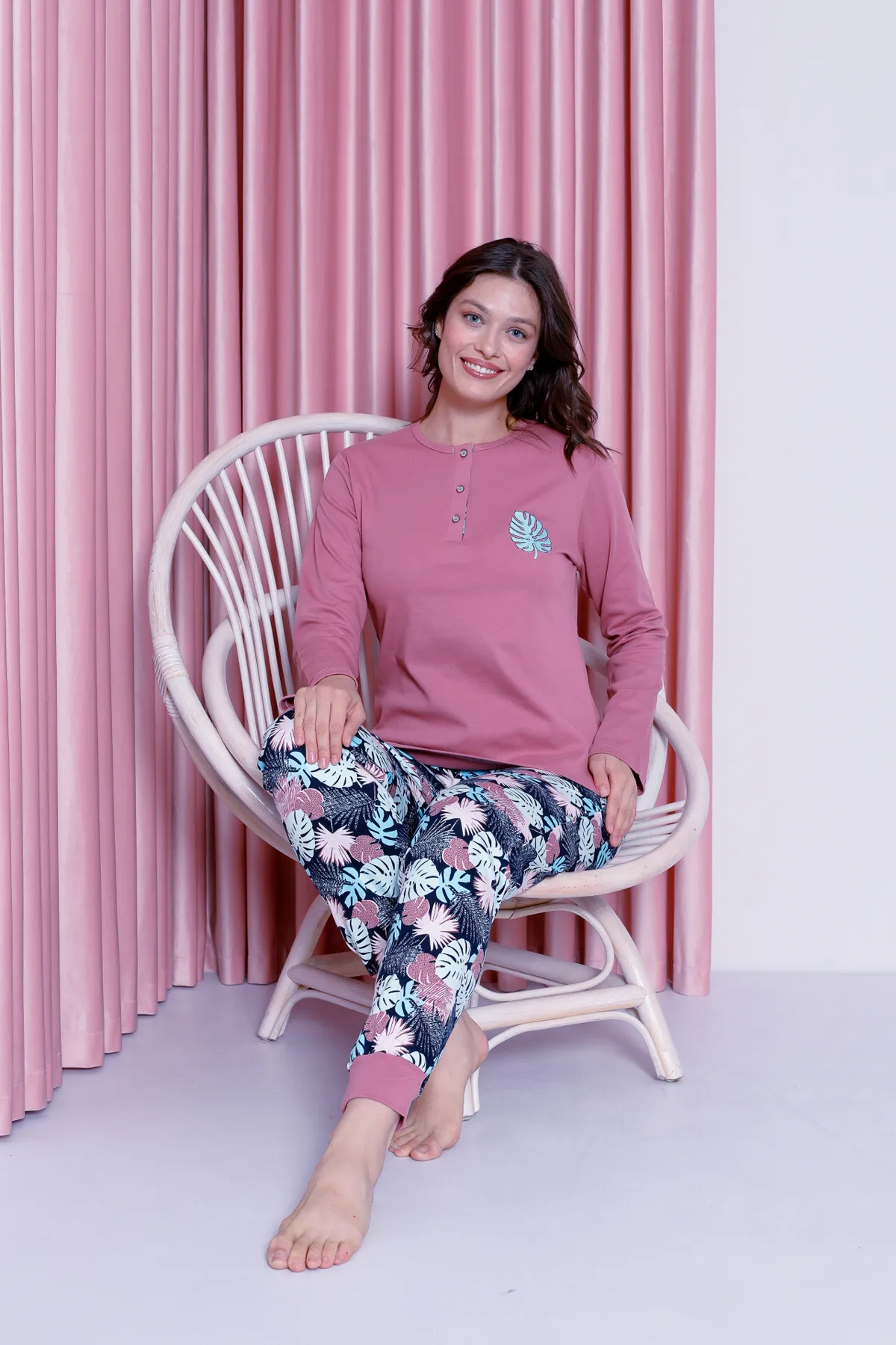 AHENGİM  Pyjama-Set für Damen, junges Blattmuster, gerippte Baumwolle mit Beinen, saisonal, W20482255