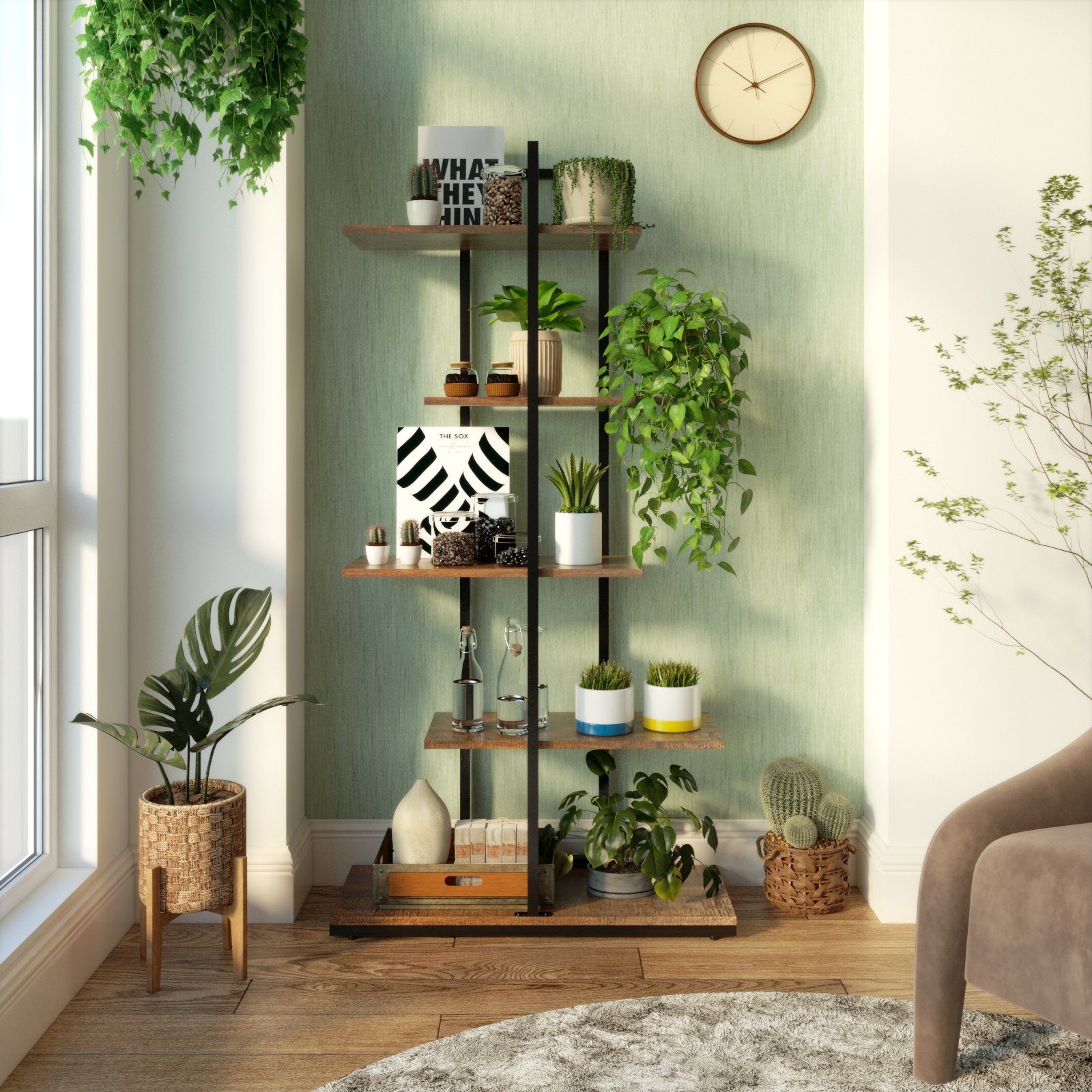 Mondeer Bücherregal Standregal, 5 lagiges asymmetrisches Split-Level Lagerregal, 74x28x144.5cm, Braun