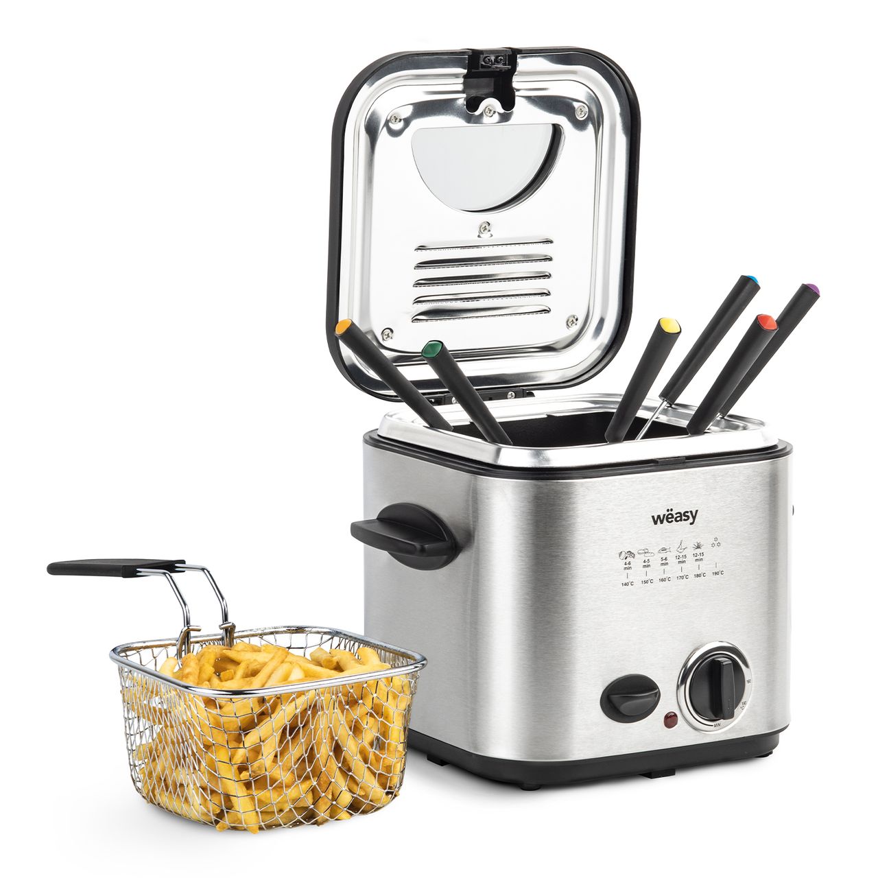 Weasy Wëasy TB600 Elektrische Fritteuse und Fondue, 2 in 1, 1,2 l, Edelstahl, multifunktional, kompakt, 6 Gabeln, Geruchsfilter, abnehmbarer Korb, verstellbare Temperatur, Silber/Schwarz, 840 W, 1,2 l