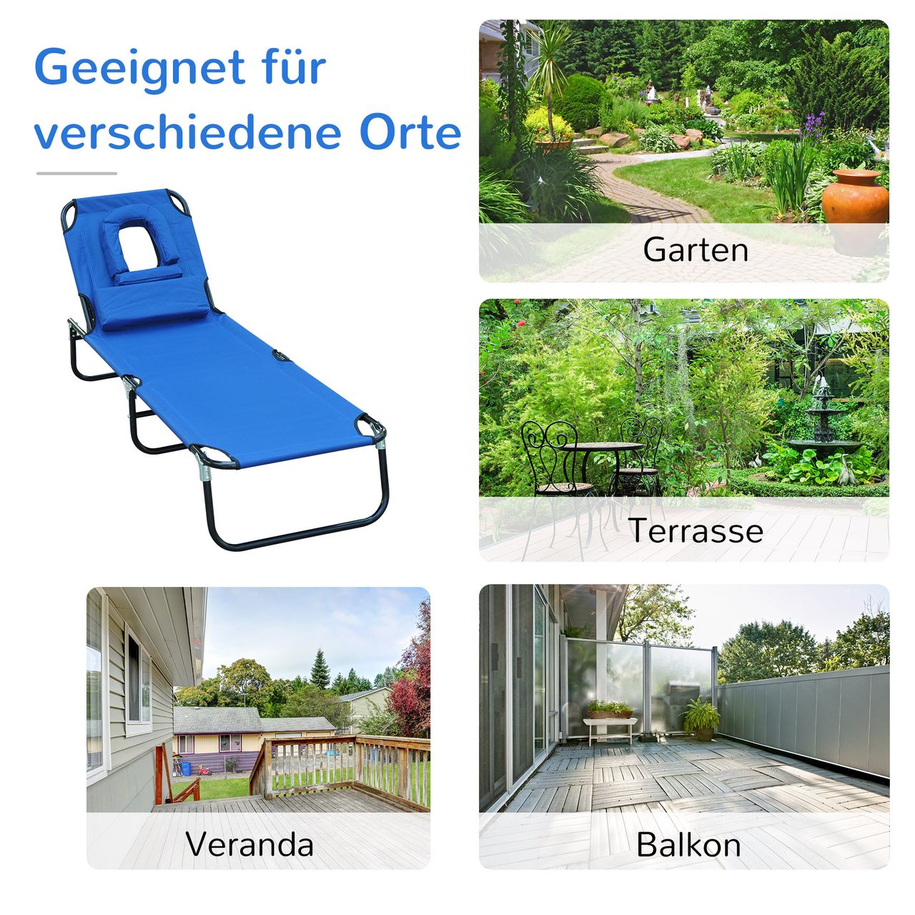 Outsunny Sonnenliege Gartenliege Relaxliege Dreibeinliege mit Gesichtsöffnung blau NEU