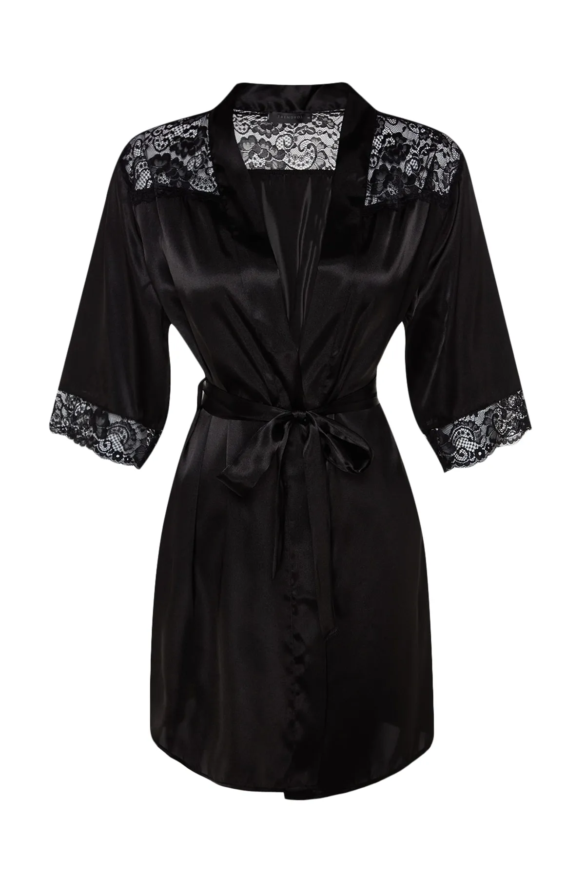 Trendyol Collection  Schwarzer, mit Spitze verzierter, gewebter Morgenmantel aus Satin mit Gürtel THMSS21SB0001