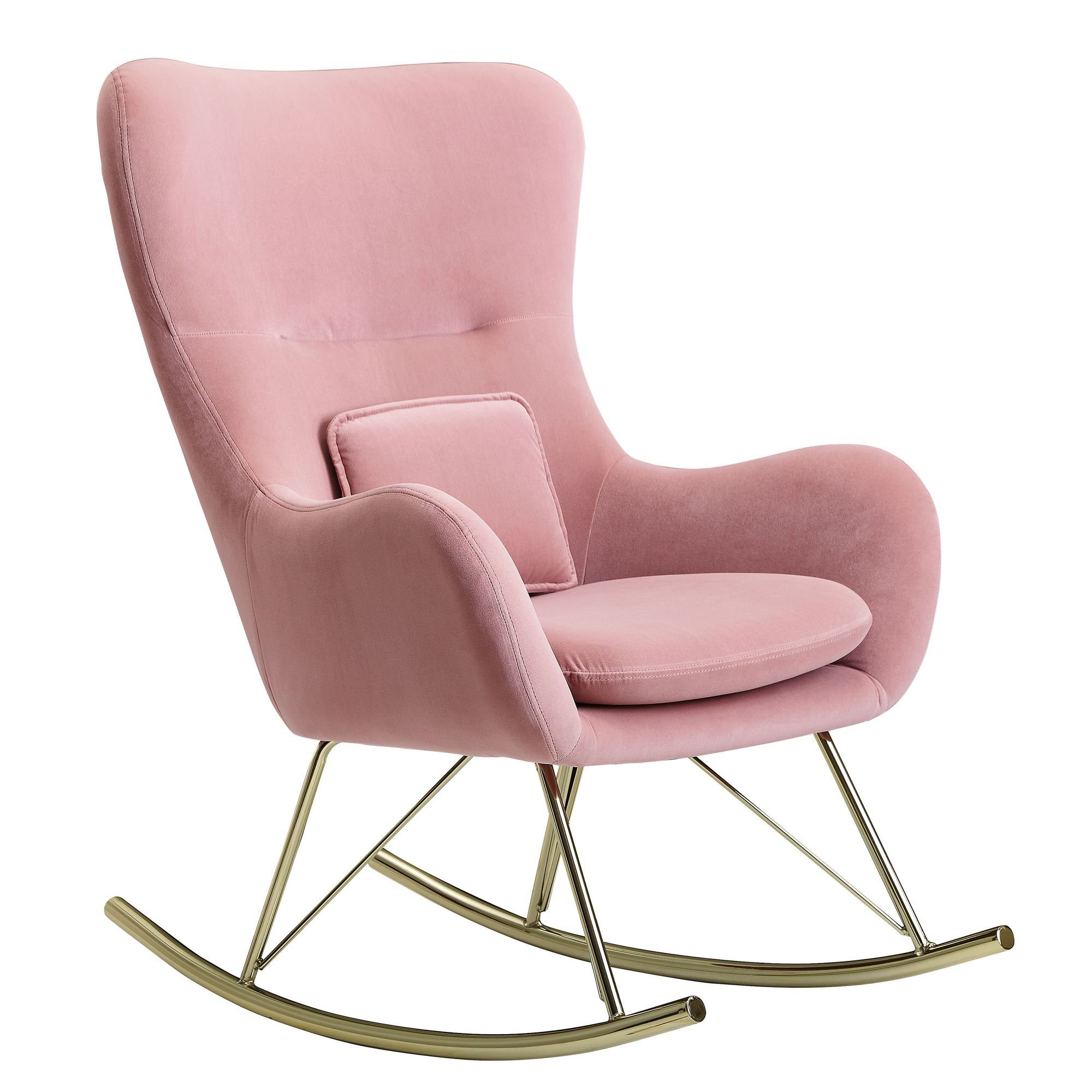 FINEBUY Schaukelstuhl FB23320 (Rosa Samt / Metall 74x101x89 cm Goldene Beine), Schaukelsessel 120 kg, Schwingstuhl Stillsessel