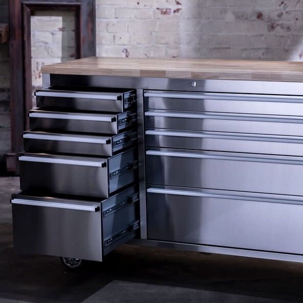 Edelstahl-Werkstattwagen, 10 Schubladen, 148 cm